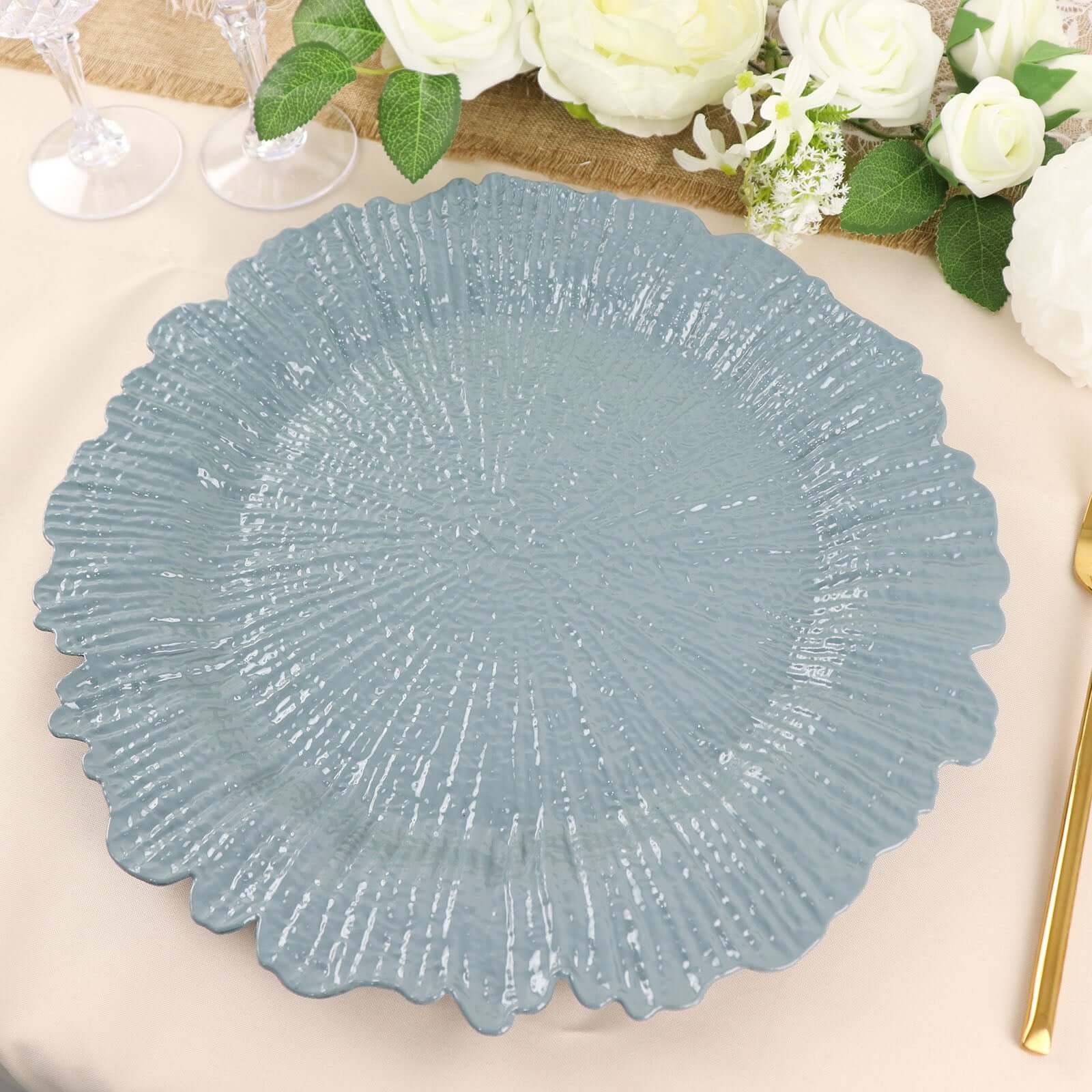 6-Pack Acrylic Plastic Round Charger Plates 13" in Dusty Blue with Reef Design, Dinner Charger Tableware