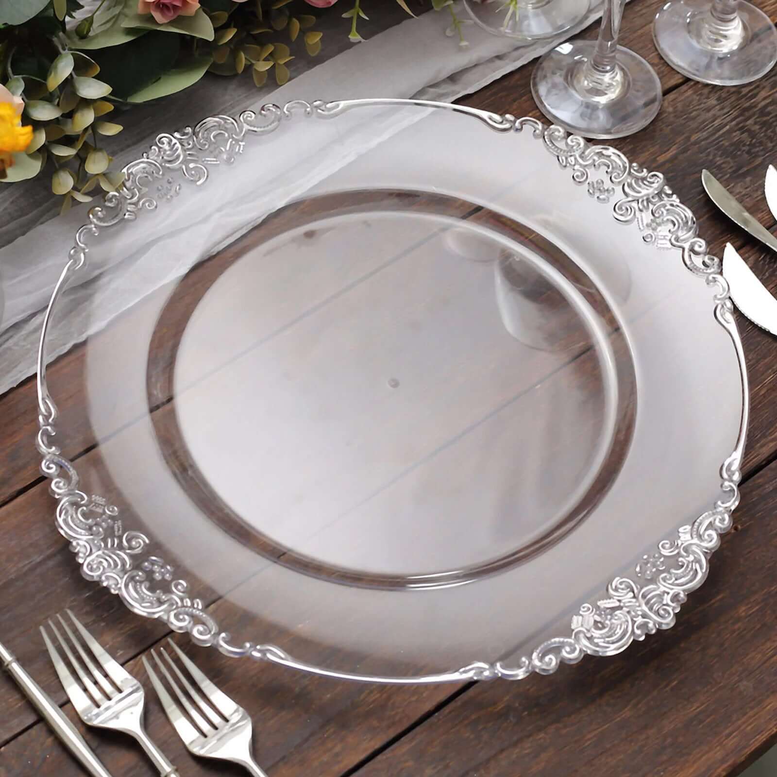 6-Pack Acrylic Round Charger Plates 13" in Clear with Silver Embossed Baroque Rim, Antique Decorative Dinner Party Charger Tableware