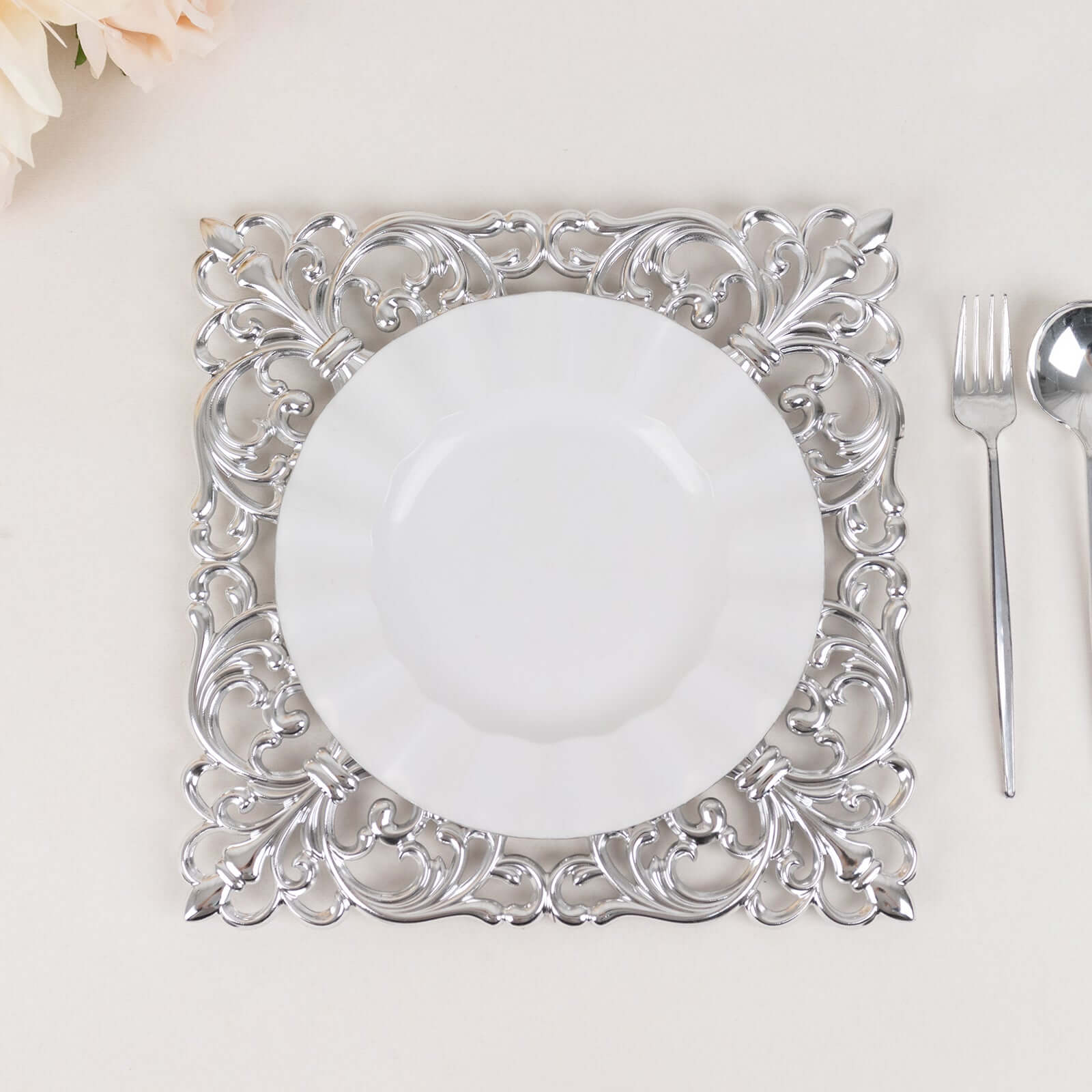 6-Pack Acrylic Square Charger Plates 12" in Silver with Hollow Lace Border, Event Tabletop Decorative Charger Tableware