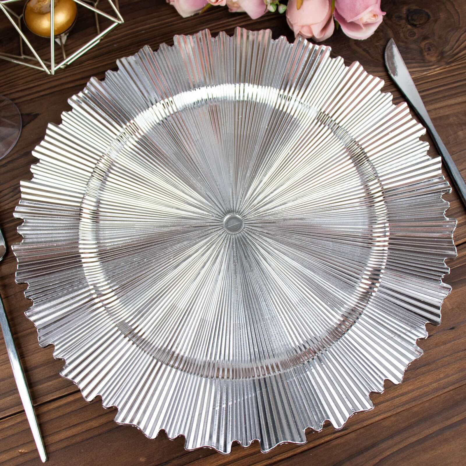 6-Pack Acrylic Plastic Round Charger Plates 13" in Metallic Silver with Sunray Scalloped Rim, Decorative Dinner Party Charger Tableware