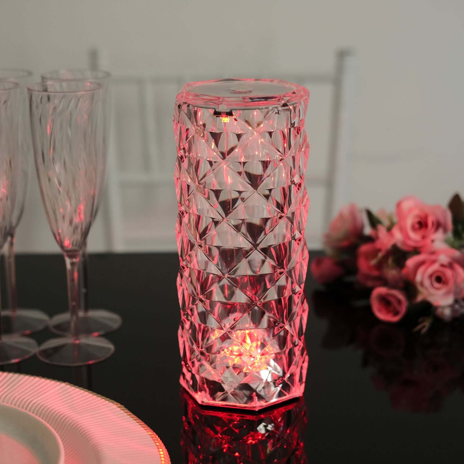 Acrylic LED Pillar Lamp Rose Diamond Design Color Changing - Touch + Remote Operated Table Light 3.5"x8.5"