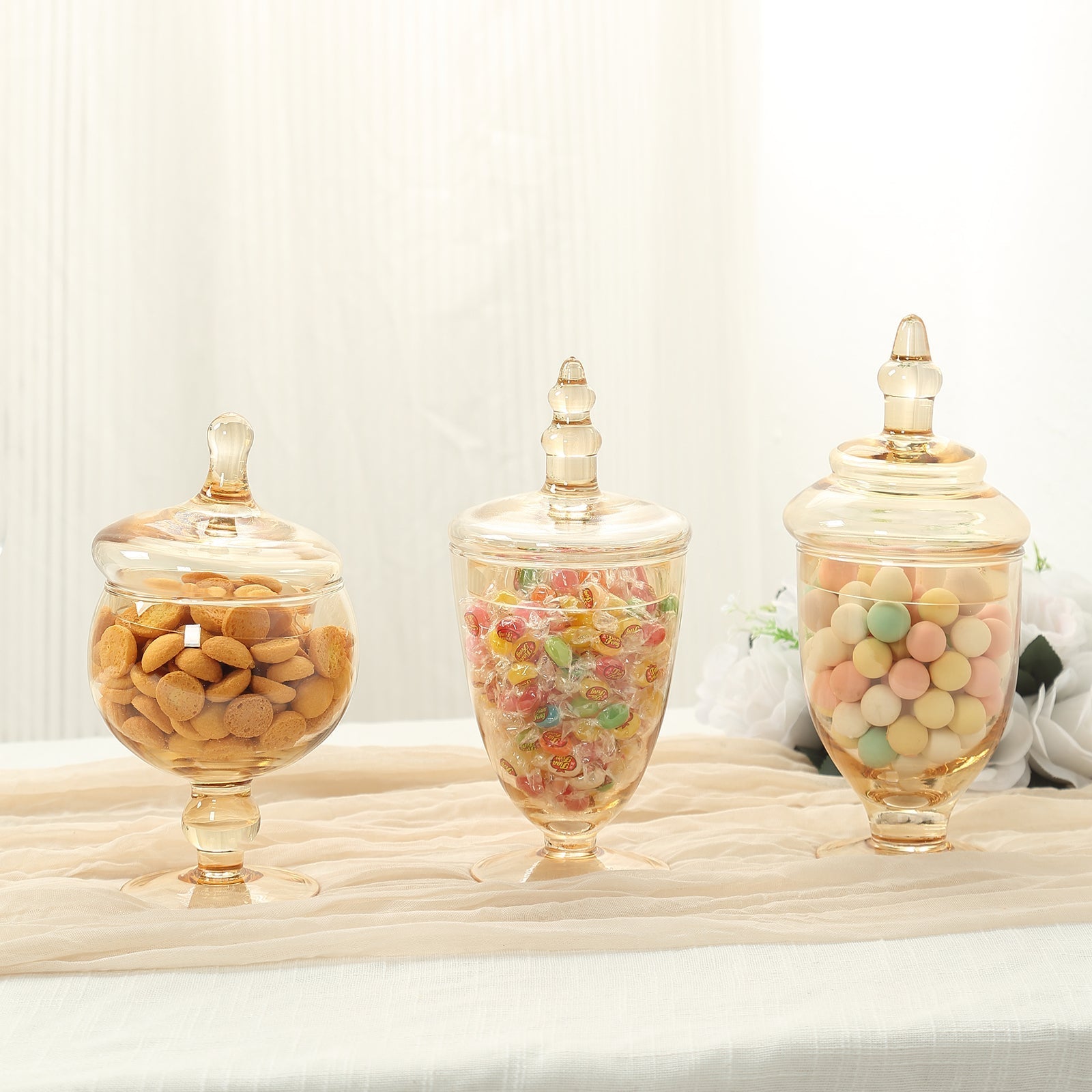 Set of 3 Glass Jars Apothecary Design Amber Gold and Snap-On Lids - Stylish Decorative Candy Buffet Storage 8.5", 9", 10"