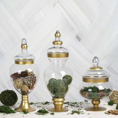 Set of 3 Glass Candy Jars Apothecary Design Gold Trim with Snap-On Lids - Large Stylish Containers for Parties 10"/14"/16"