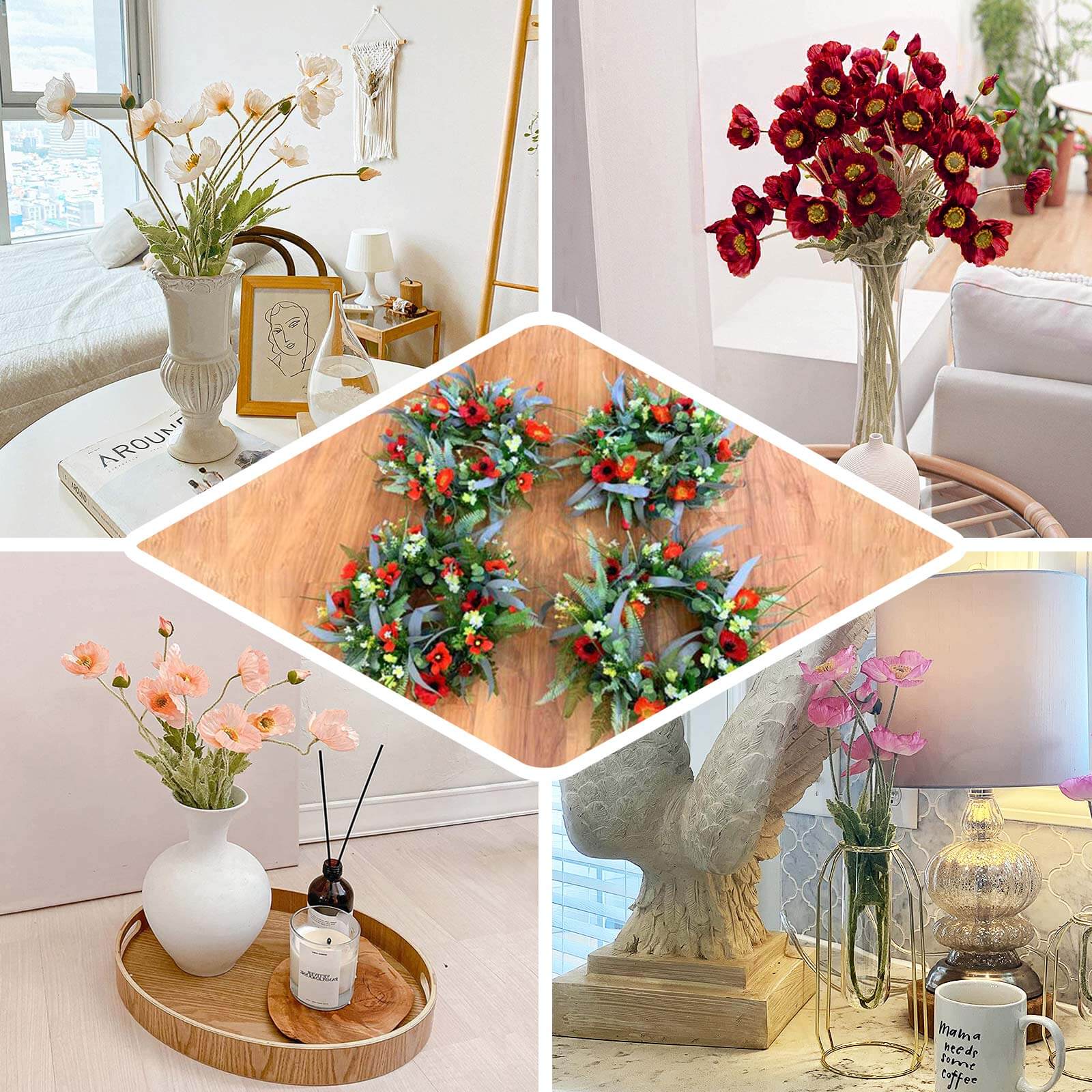 2 Stems 33" Ivory Artificial Silk Poppy Flower Bouquet Bushes