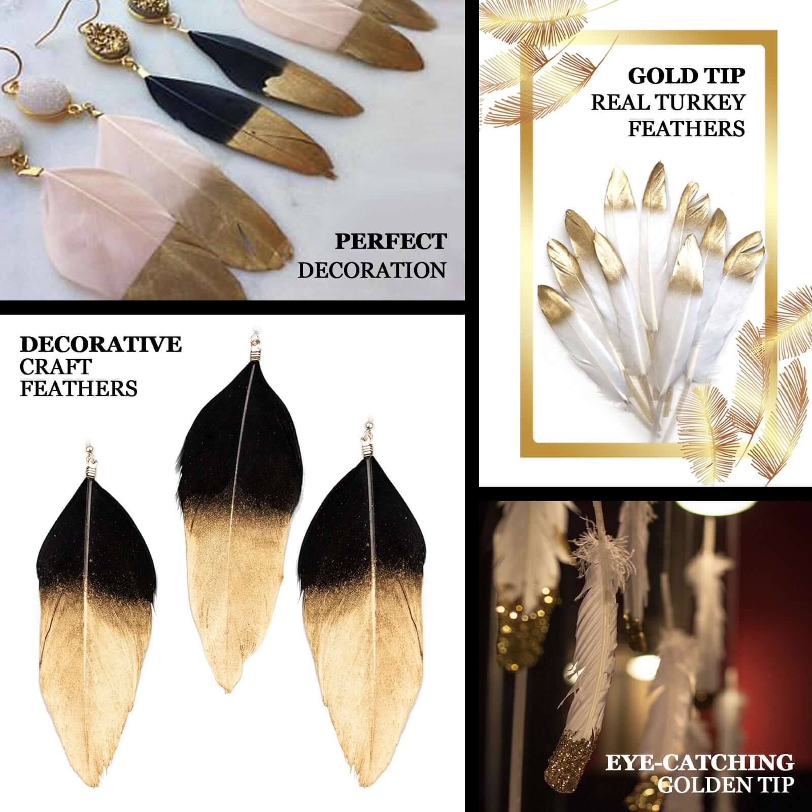 30-Pack Turkey Feathers Craft Feathers Glitter Gold Tip White - Decorative Feathers for DIY Party Projects