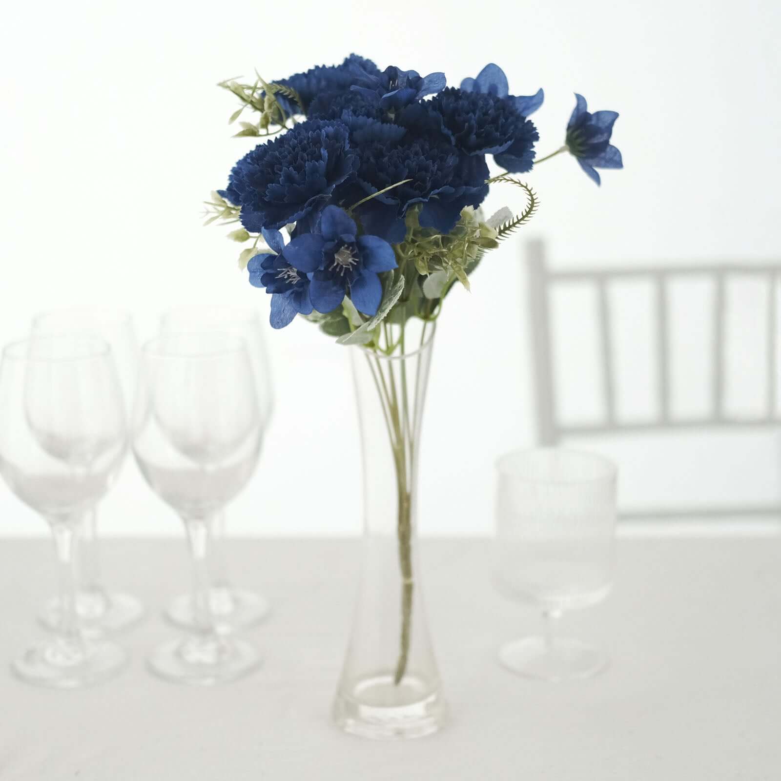 3 Pack 14" Navy Blue Artificial Silk Carnation Flower Arrangements, Faux Floral Bouquets Bushes