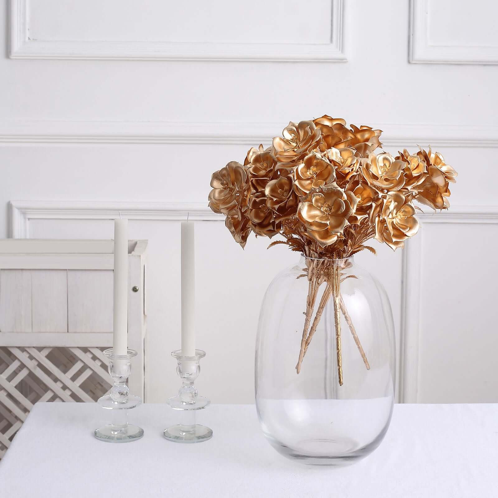 2-Pack Artificial Rose Bloomed Flower Bouquet Metallic Gold - Lustrous Faux Floral Arrangement for Seasonal Displays & Luxurious Decor Themes 17"