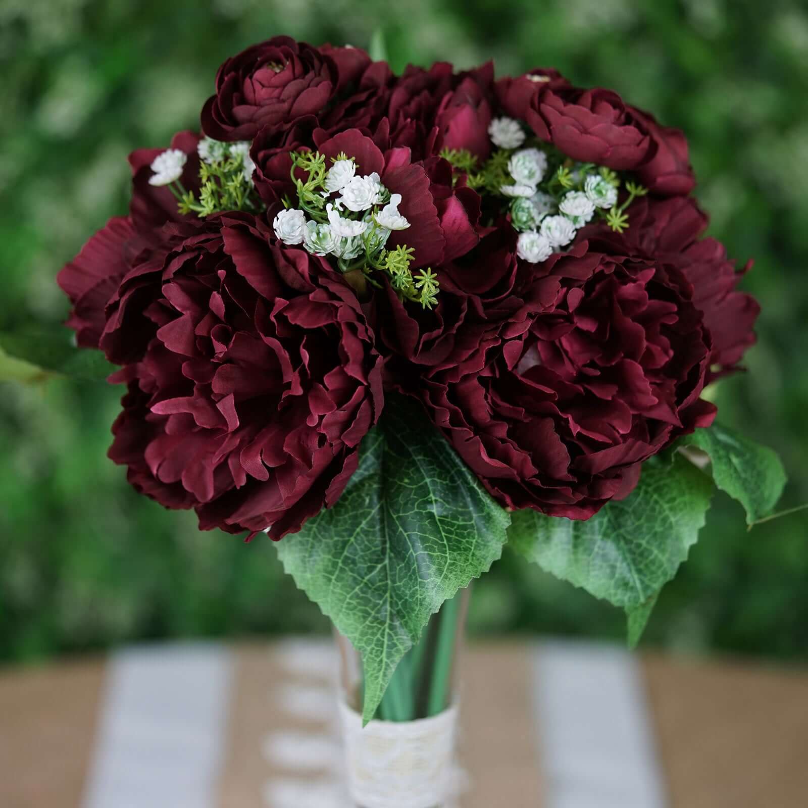 12" Burgundy Artificial Silk Peonies Bouquet, Faux Peony Spray Bush