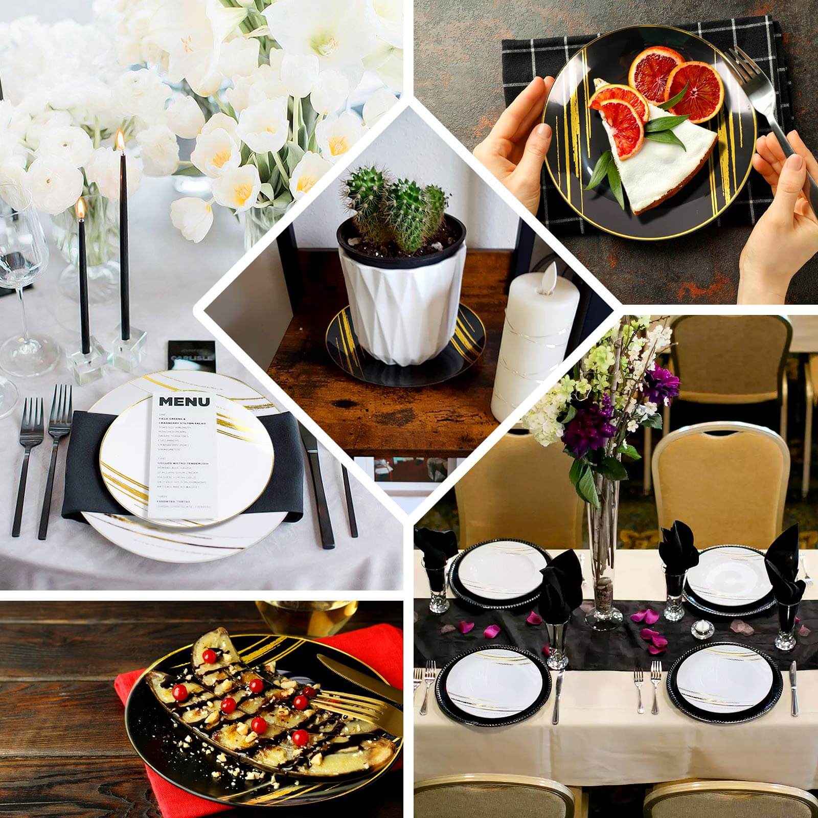 10-Pack Plastic 7" Round Dessert Plates in White with Gold Brush Stroked Print - Disposable Appetizer Salad Plates