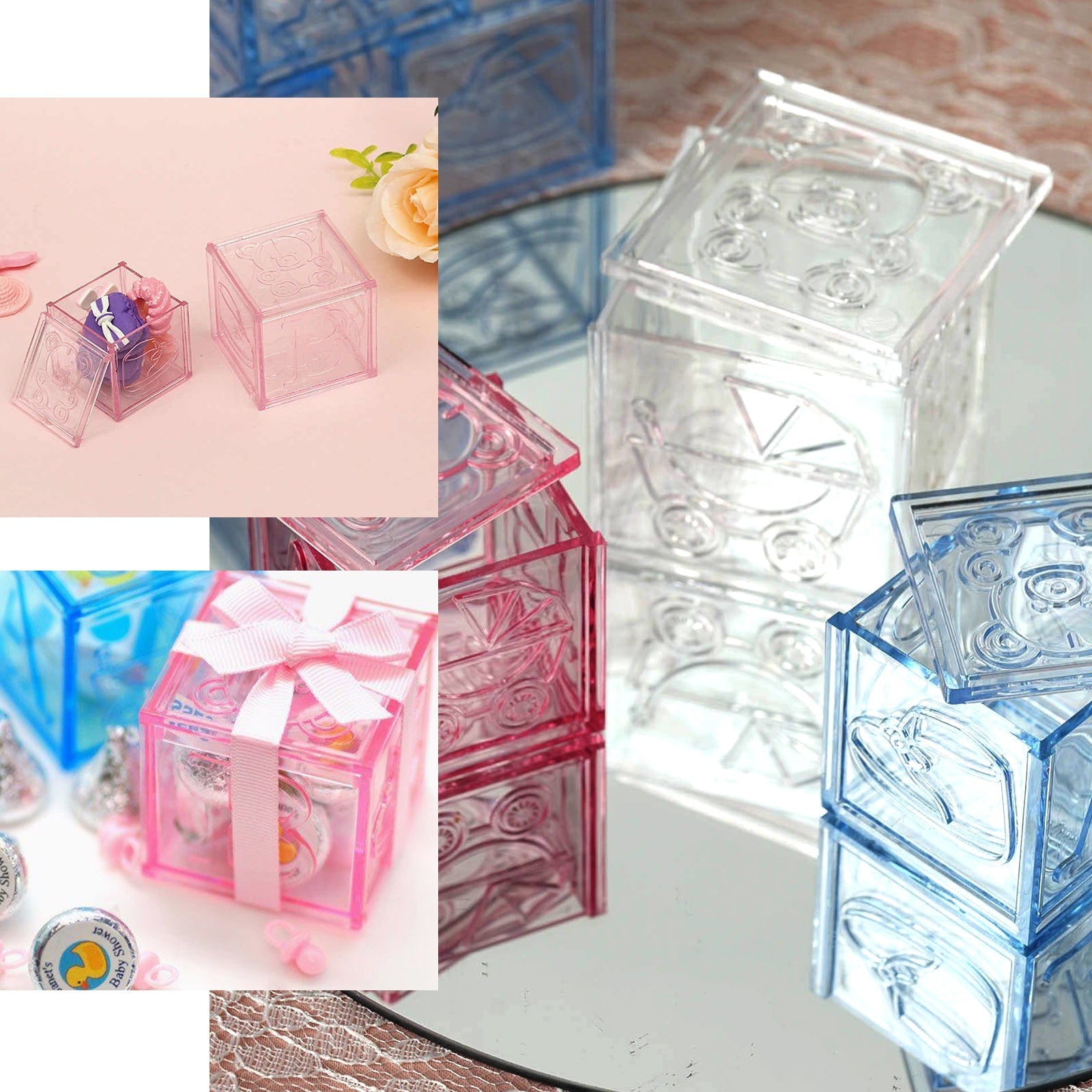 12 Pack 2" Pink Fillable Plastic Baby Shower Candy Gift Boxes, Transparent Baby Blocks Favor Boxes
