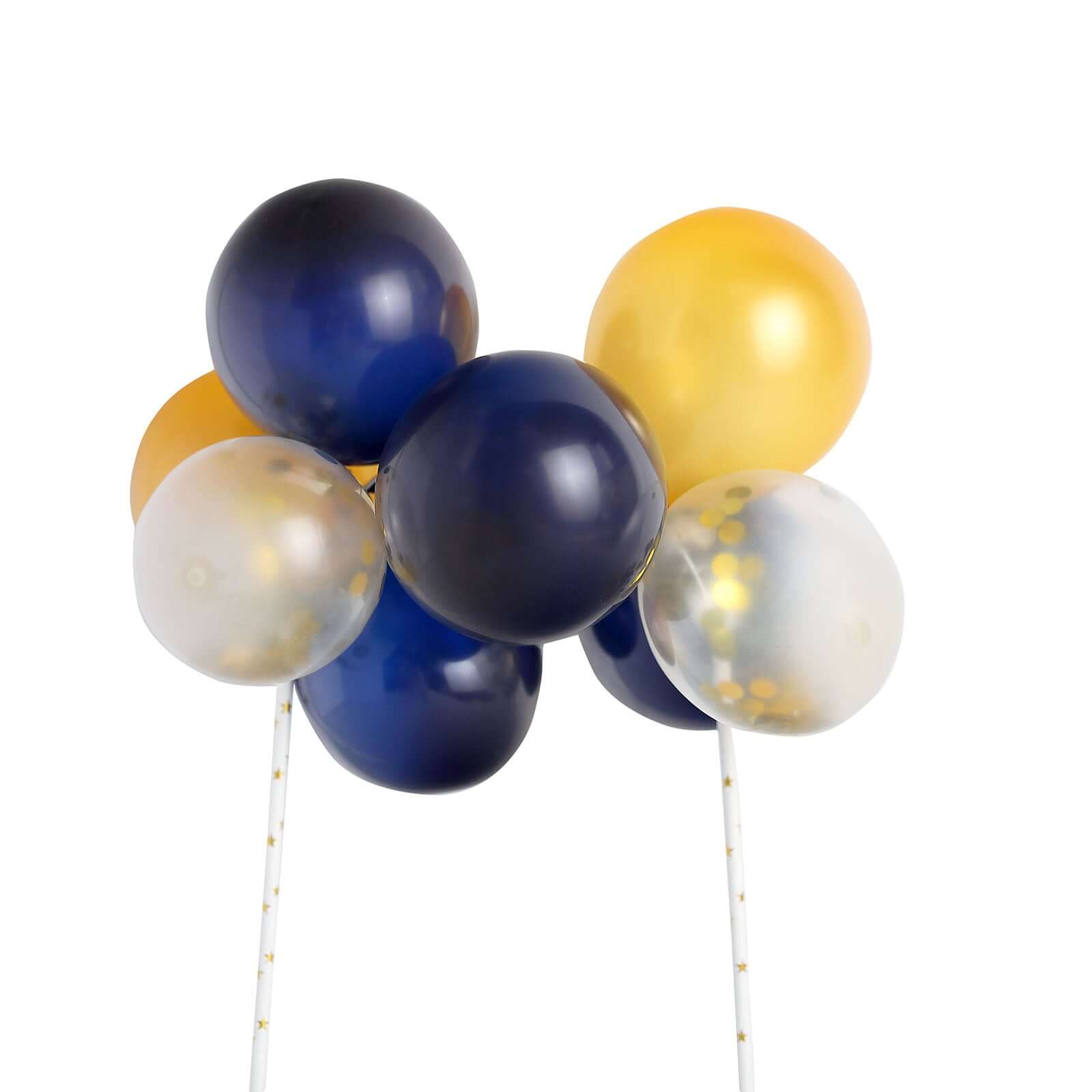 11 Pcs Balloon Cake Topper Clear, Gold and Navy Blue - Whimsical Clustered Mini Garland Cake Inserts DIY Party Decorations