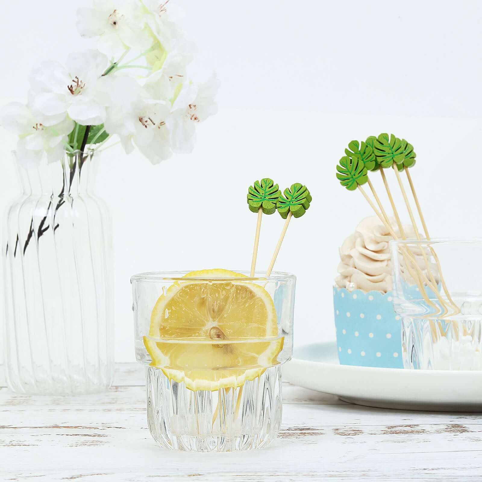 100-Pack Bamboo Cocktail Sticks Tropical Leaf Decorative Top Design - Eco Friendly Party Picks 5"
