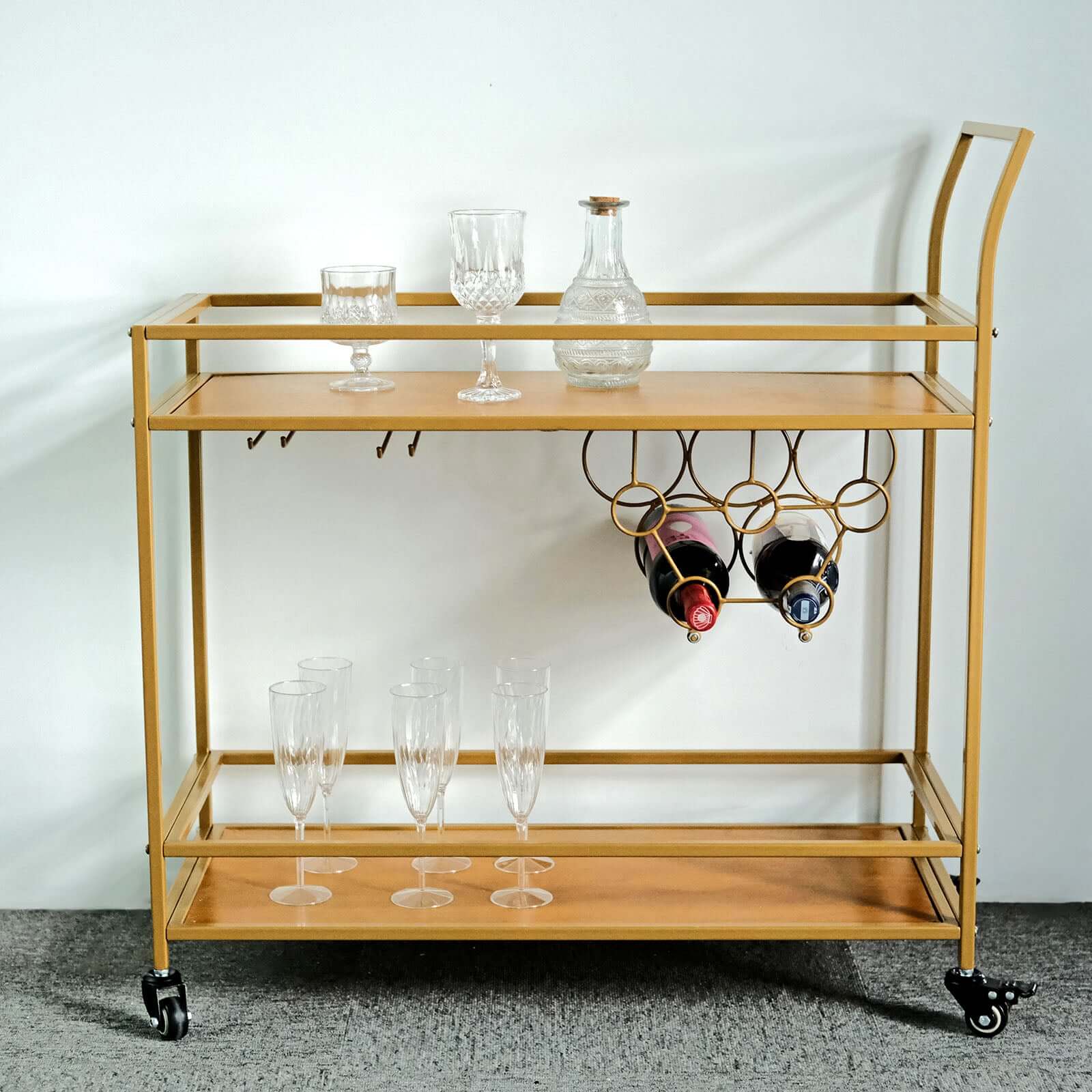 Gold Metal Bar Cart with Wooden Serving Trays 2-Tier - Wine Rack Holds 5 Bottles and 2 Glasses for Events 3ft