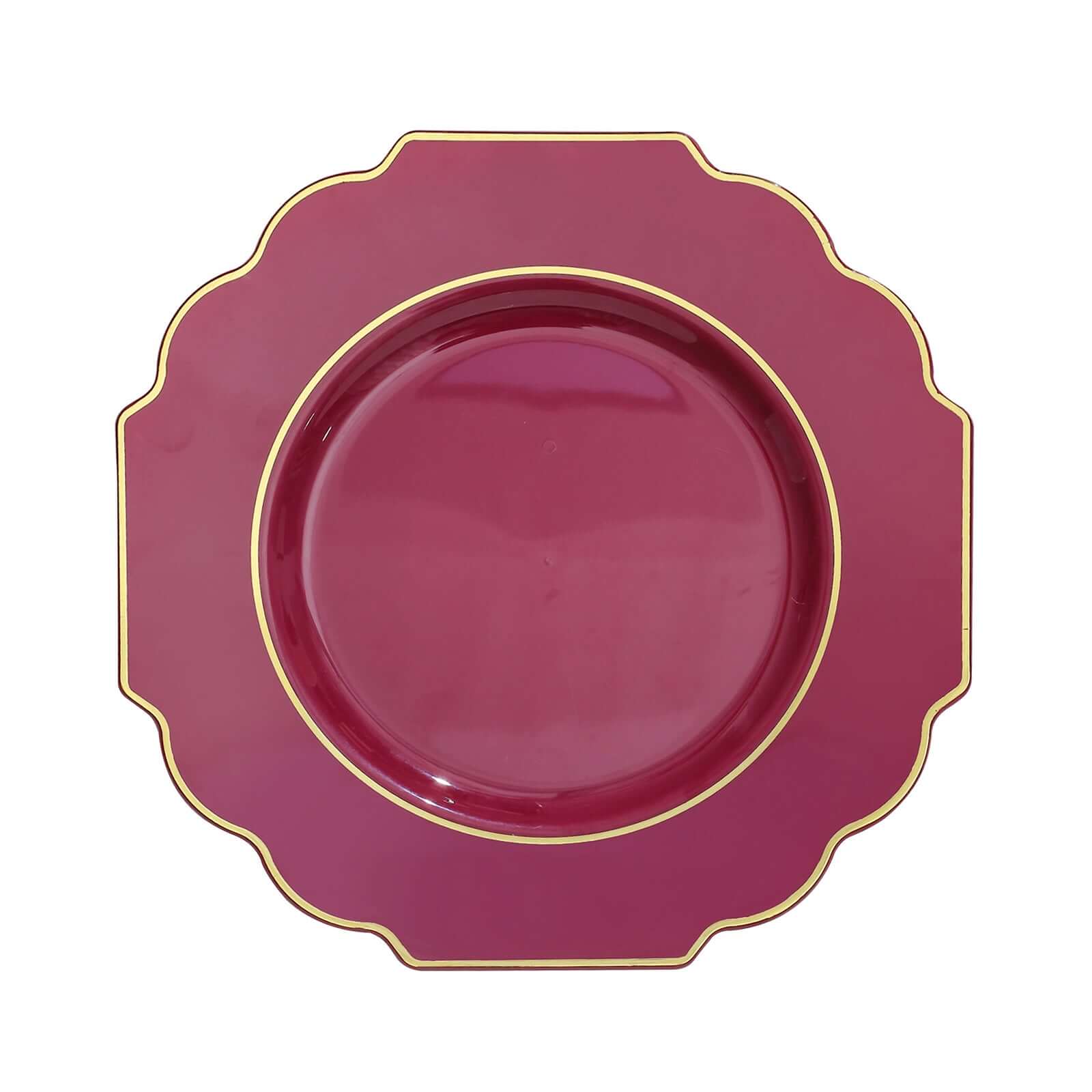 10-Pack Plastic Dinner Plates in Burgundy Baroque Design with Scalloped Gold Rim - Heavy Duty Disposable Party Plates 11"
