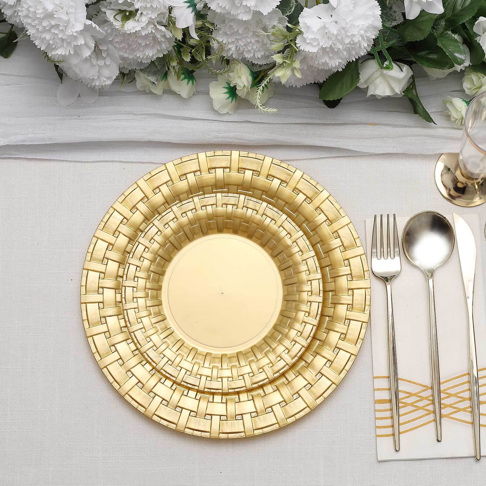 10-Pack Plastic Dinner Plates Gold Basketweave Rim - Durable Disposable Dinner Plates 10"
