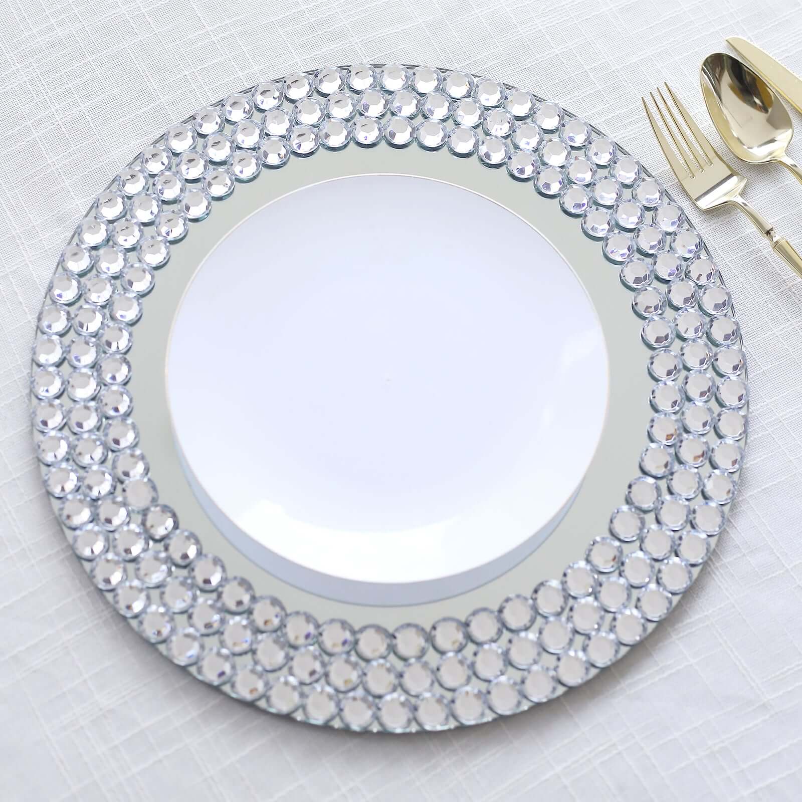 2-Pack Mirror Glass Round Charger Plates 13" with Silver Mirror Diamond Beaded Rim, Upscale Decorative Chargers