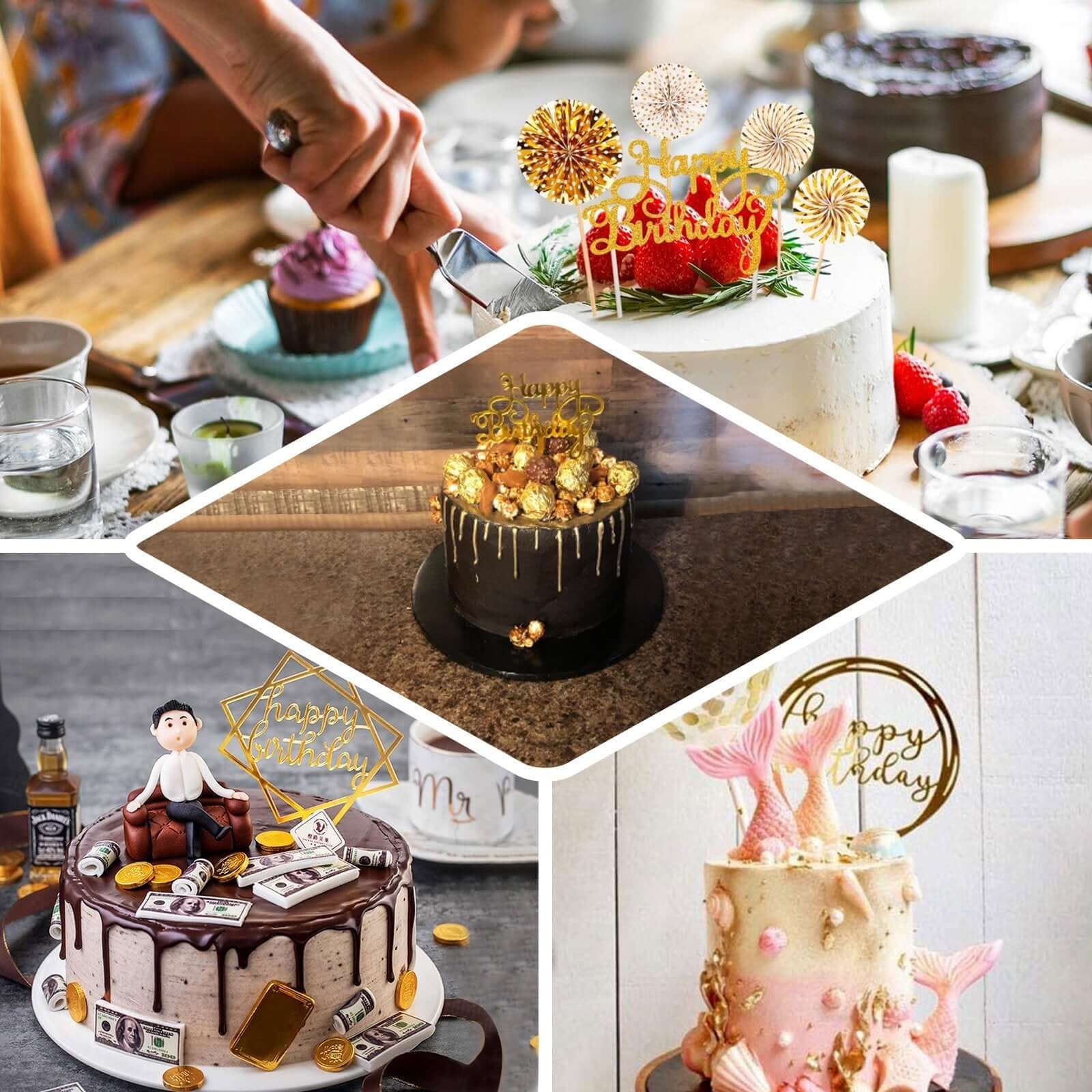 6 Pcs Happy Birthday Cake Topper Gold/White - Fun Cake Decoration with 4 Mini Paper Fans & Confetti Balloon for Themed Parties & Special Occasions
