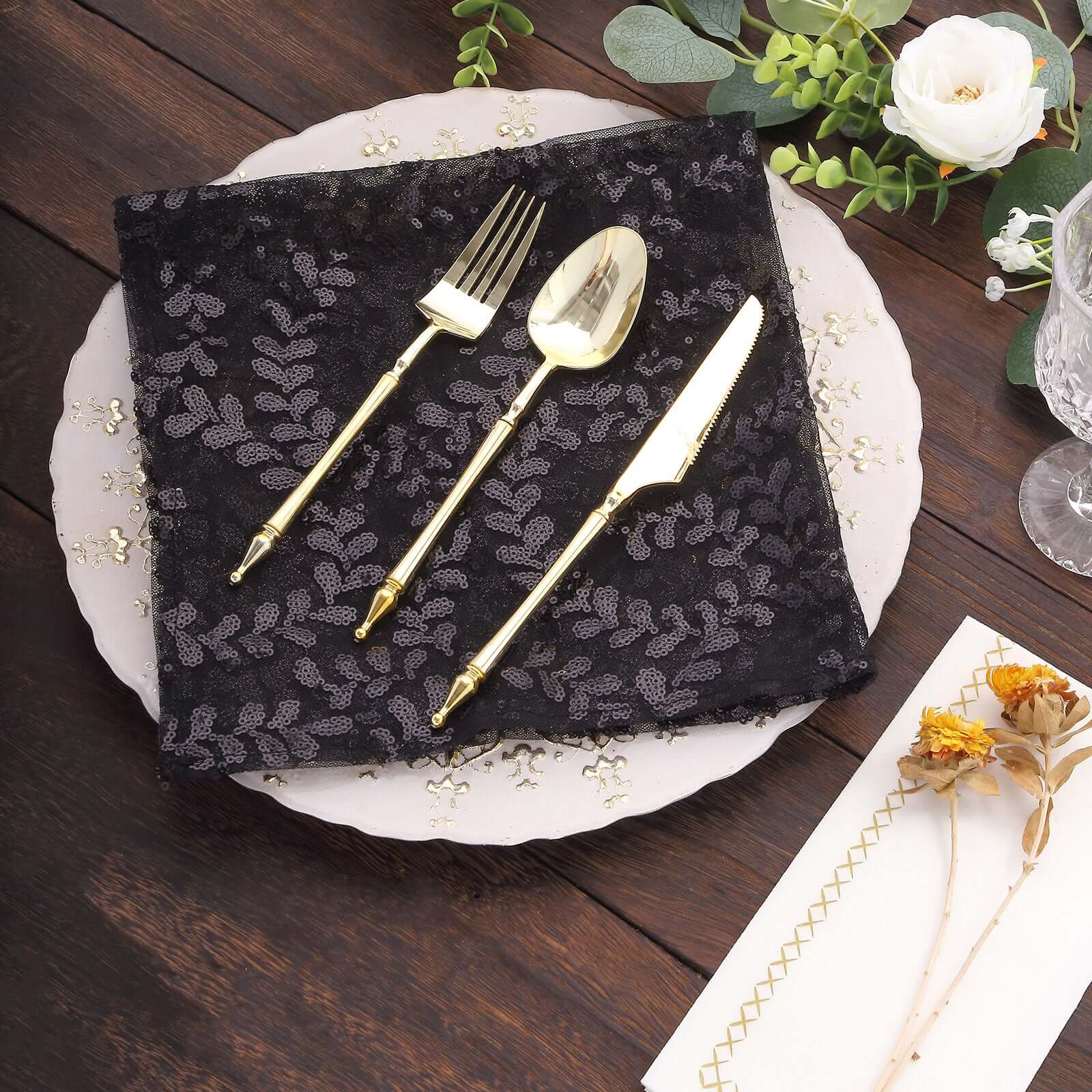 Sequin Tulle 20"x20" Napkin Black - Embroidered Leaf Vine Dinner Napkins