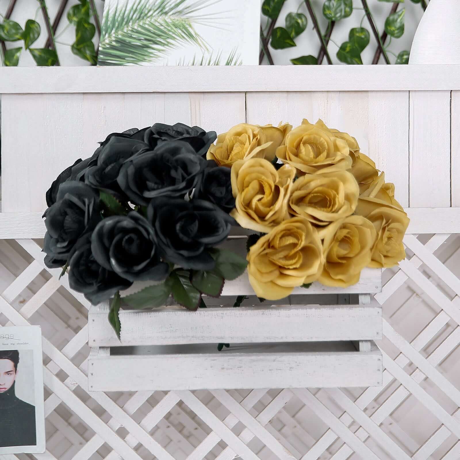 12" Black Artificial Velvet-Like Fabric Rose Flower Bouquet Bush