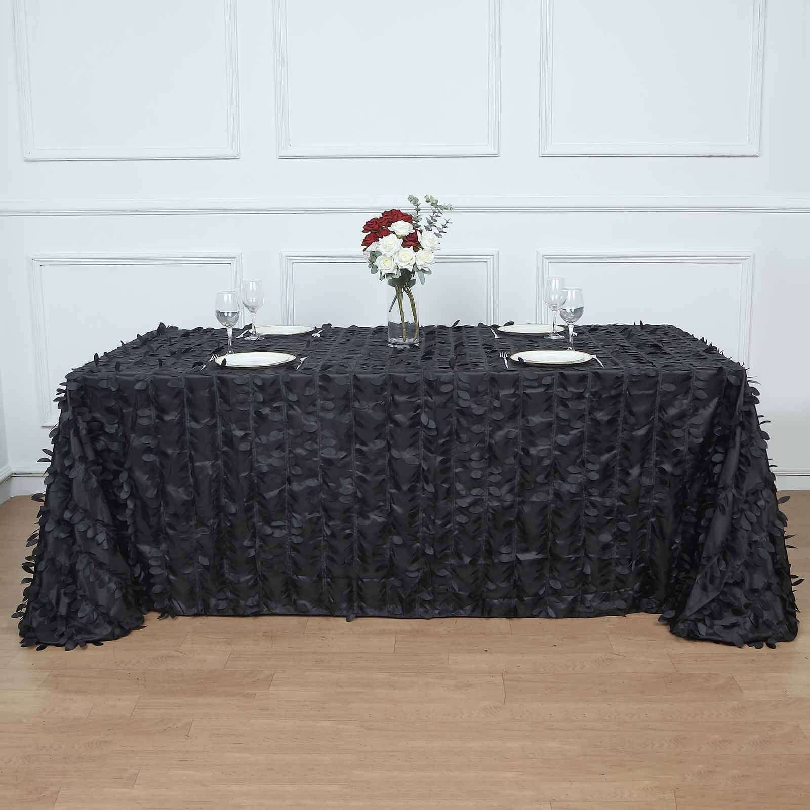 Taffeta 90"x132" Rectangle Tablecloth Black | 3D Leaf Petal Design Seamless Table Cover