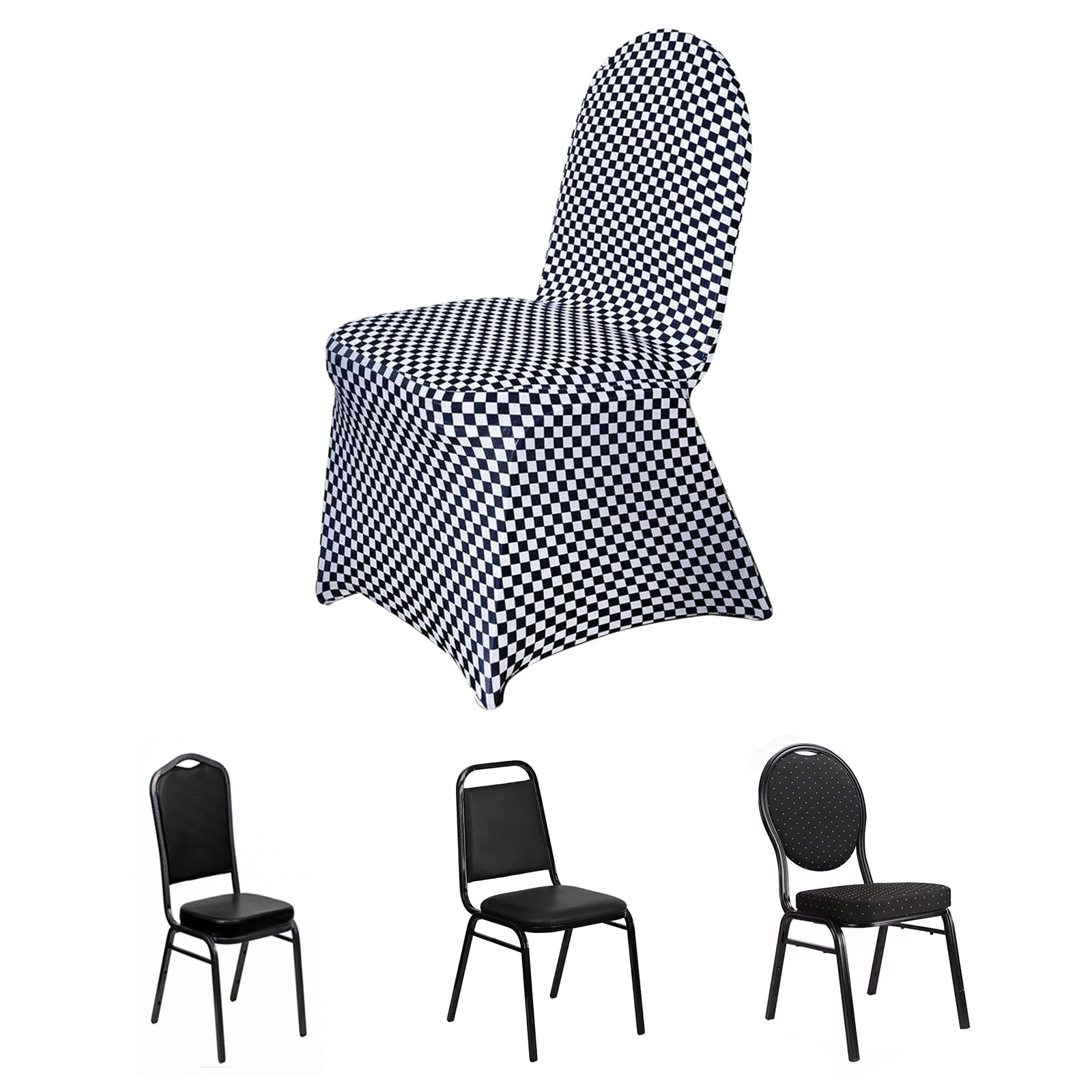 Spandex Chair Covers for Banquet Chairs Black/White Buffalo Plaid - Stylish Fitted Checkered Slipcovers for Weddings & Gatherings