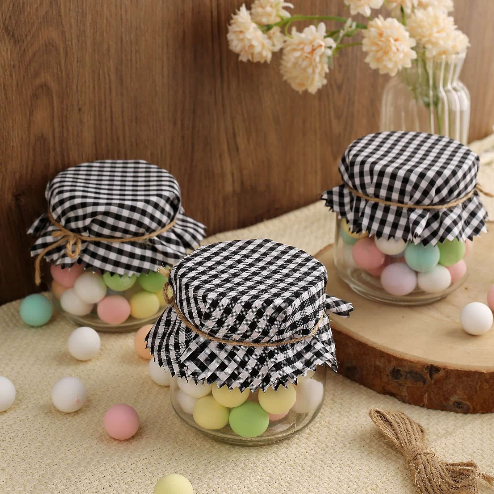 6 Pack 6" Black White Gingham Mason Jar Cloth Lid Covers, Checkered Jam Jar Covers with Jute String