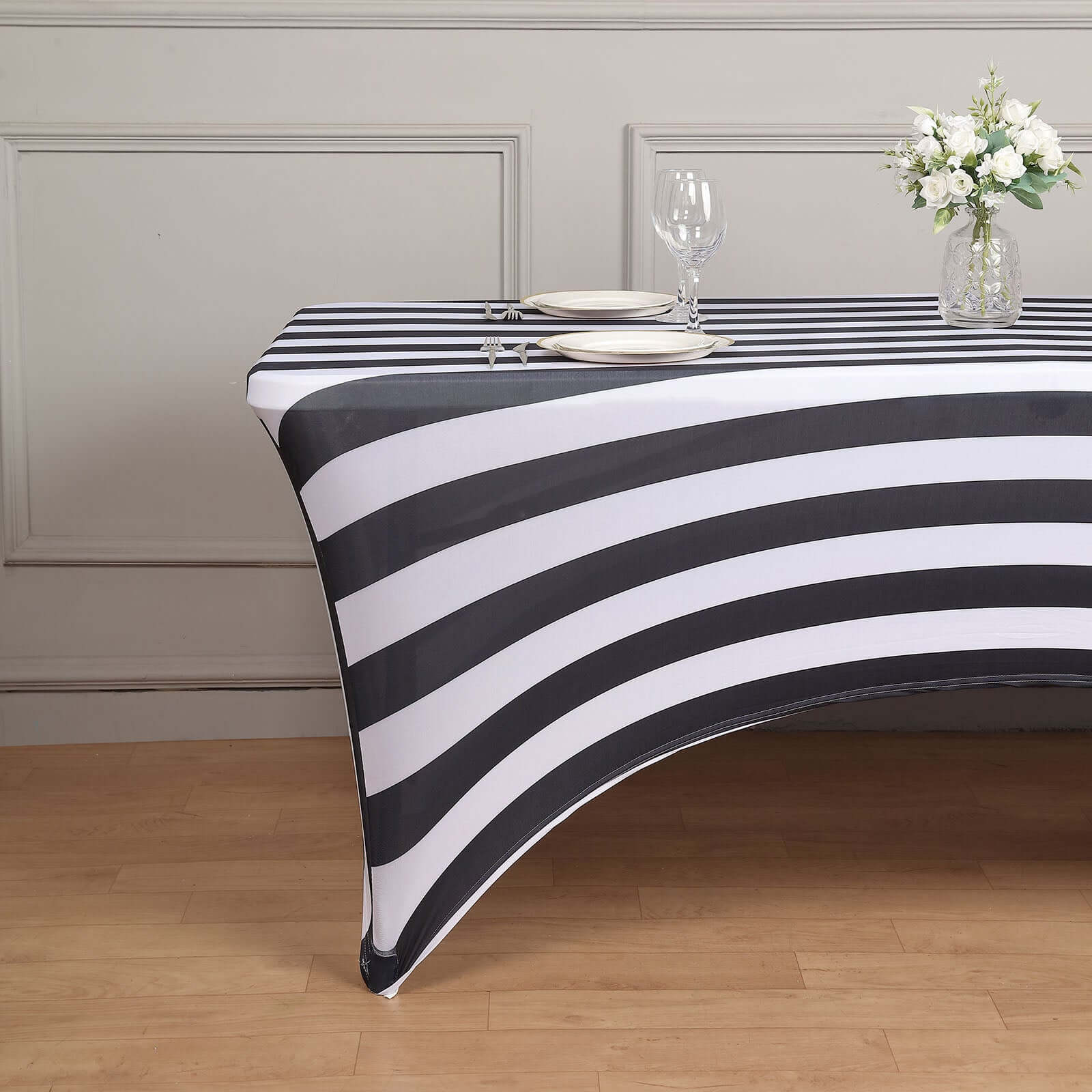 Stretch Spandex 72"x30" Rectangle Tablecloth Black/White Vertical Stripes - Durable Form-Fitting Table Cover for Events & Presentations