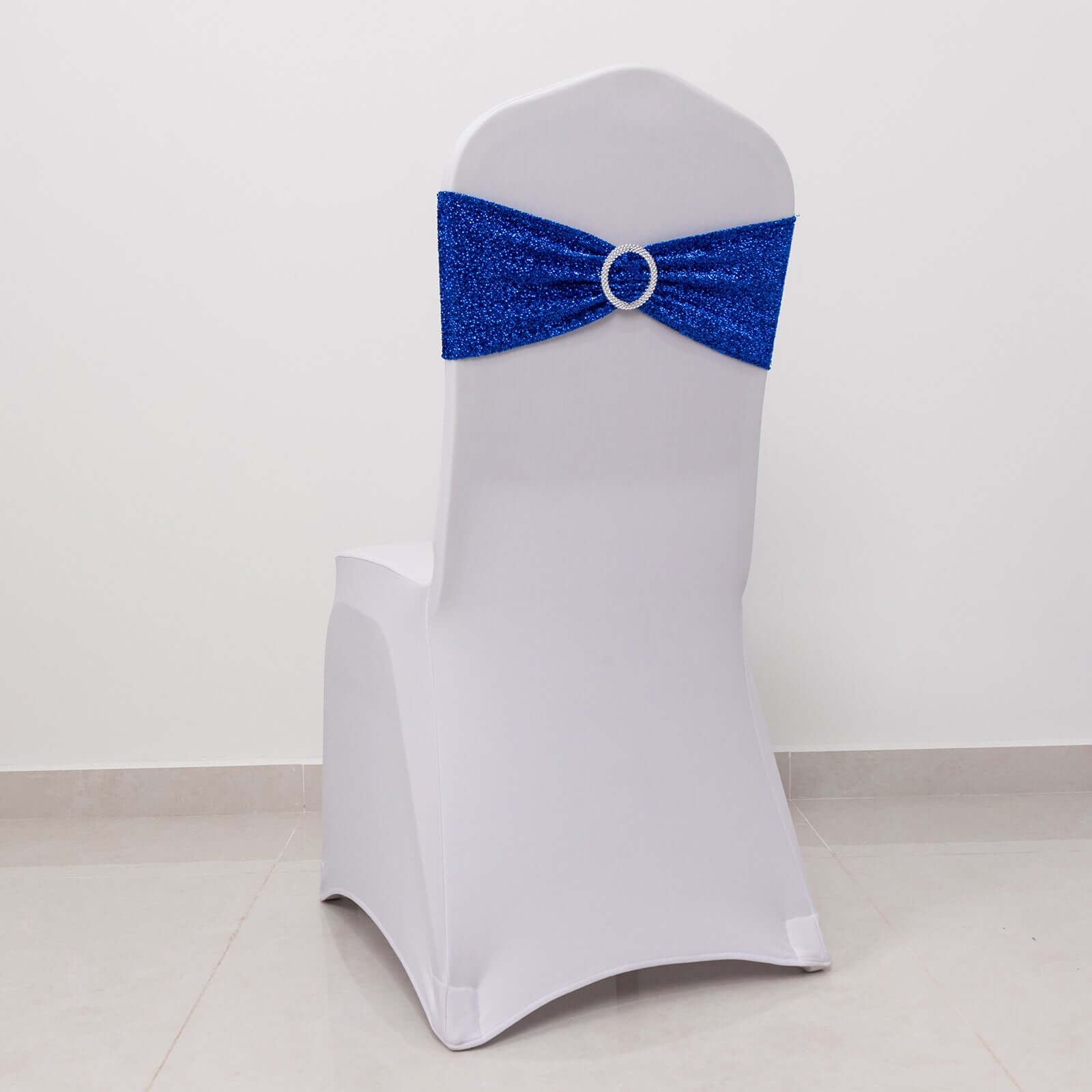 5 Pack Chair Sashes Shimmer Tinsel Spandex 5"x12" with Silver Rhinestone Buckles Royal Blue - Stylish Chair Bands