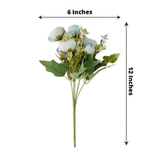 4 Pack 12" Artificial Dusty Blue Ranunculus Silk Flower Bridal Bouquets, Faux Buttercup Floral Arrangement