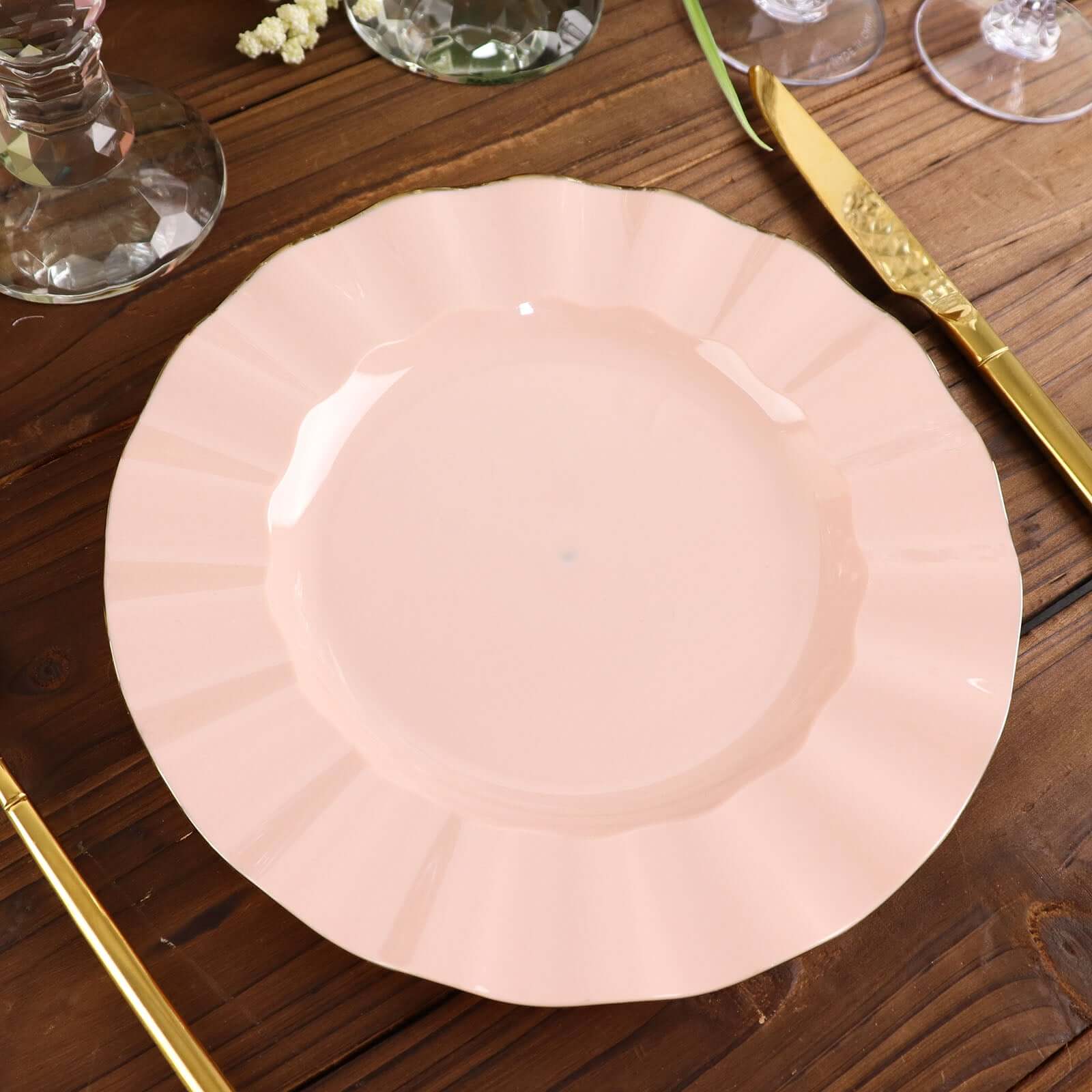 10-Pack Plastic 9" Round Dinner Plates in Blush Ruffled Rim with Gold Edging - Sturdy Disposable Dinnerware