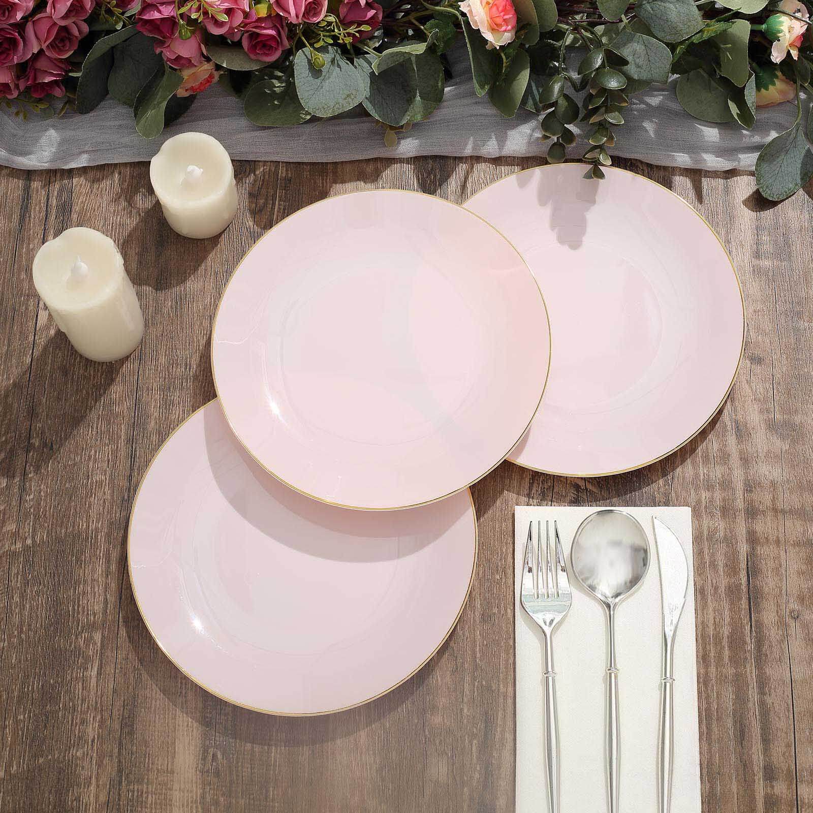 10-Pack Plastic 8" Round Dessert Plates in Blush with Gold Rim - Glossy Disposable Appetizer Salad Plates