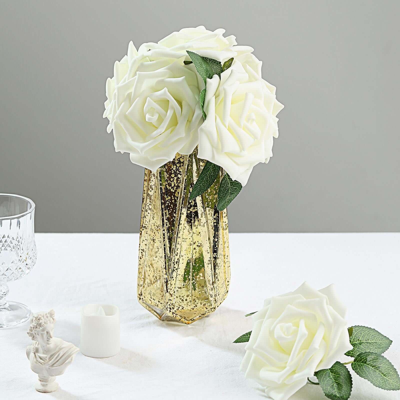 24 Roses 5" Ivory Artificial Foam Flowers With Stem Wire and Leaves