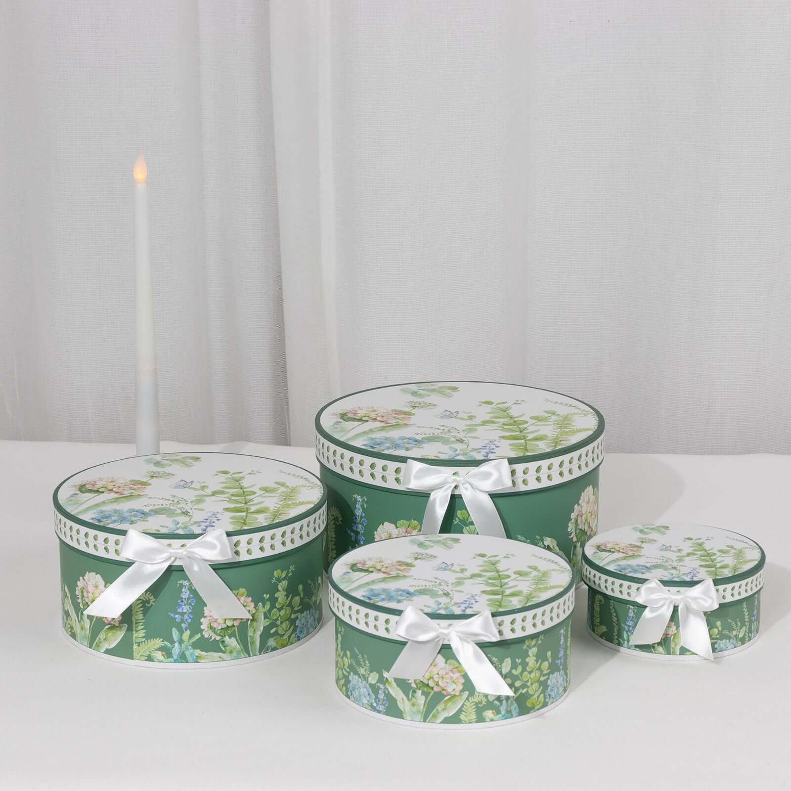 Set of 4 Cardstock Round Nesting Gift Boxes Greenery Theme Design - Decorative Heavy Duty Stackable Keepsake Boxes With Lids for Presents Storage & Pedestal Stand 5",7",8",9"