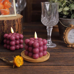 2-Pack LED Flameless Cube Candles Flickering Warm White Burgundy - Battery Operated Bubble Design 2"