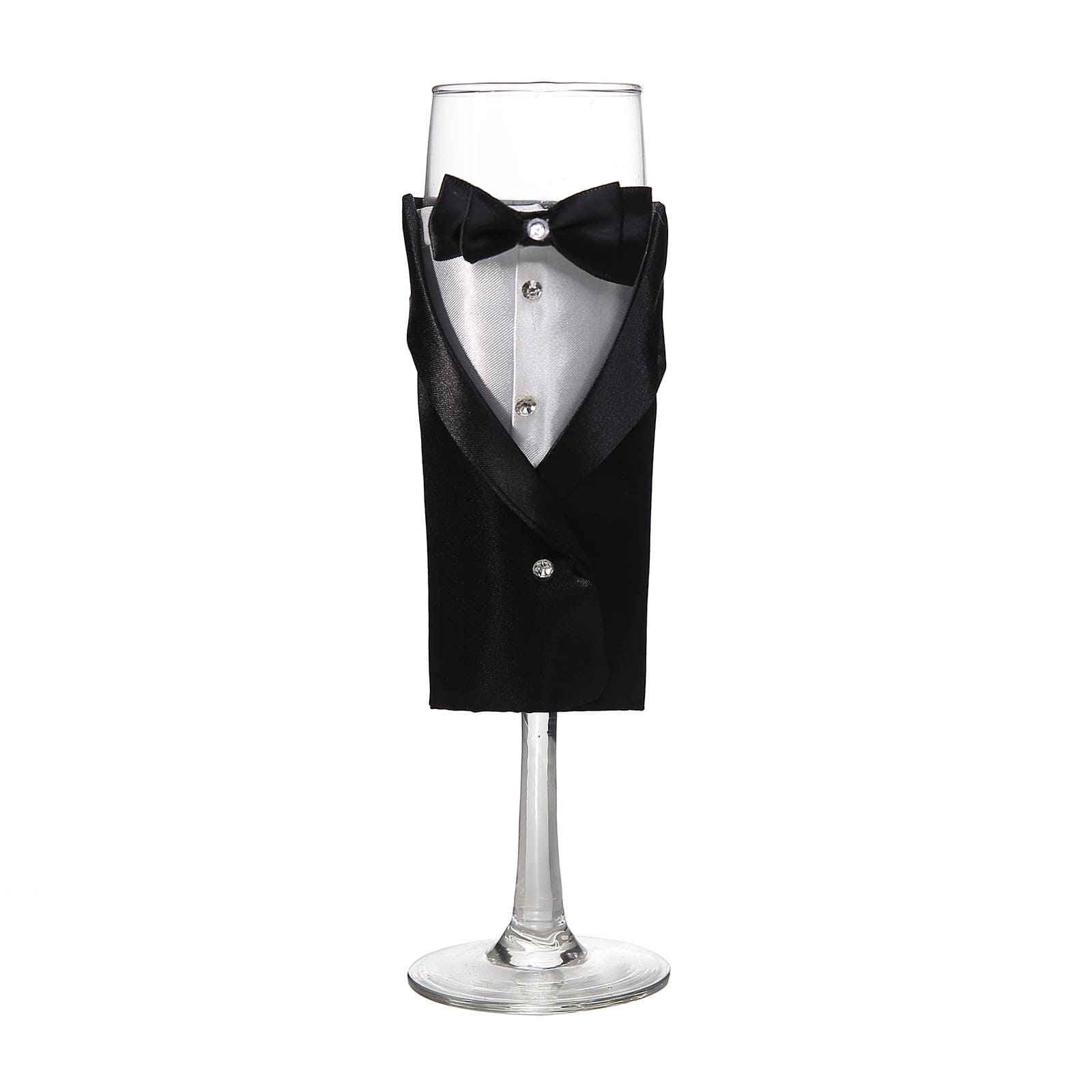 Set of 2 Clear Champagne Flutes with Black Bride and Groom Koozies - Wedding Toast Glasses 9"