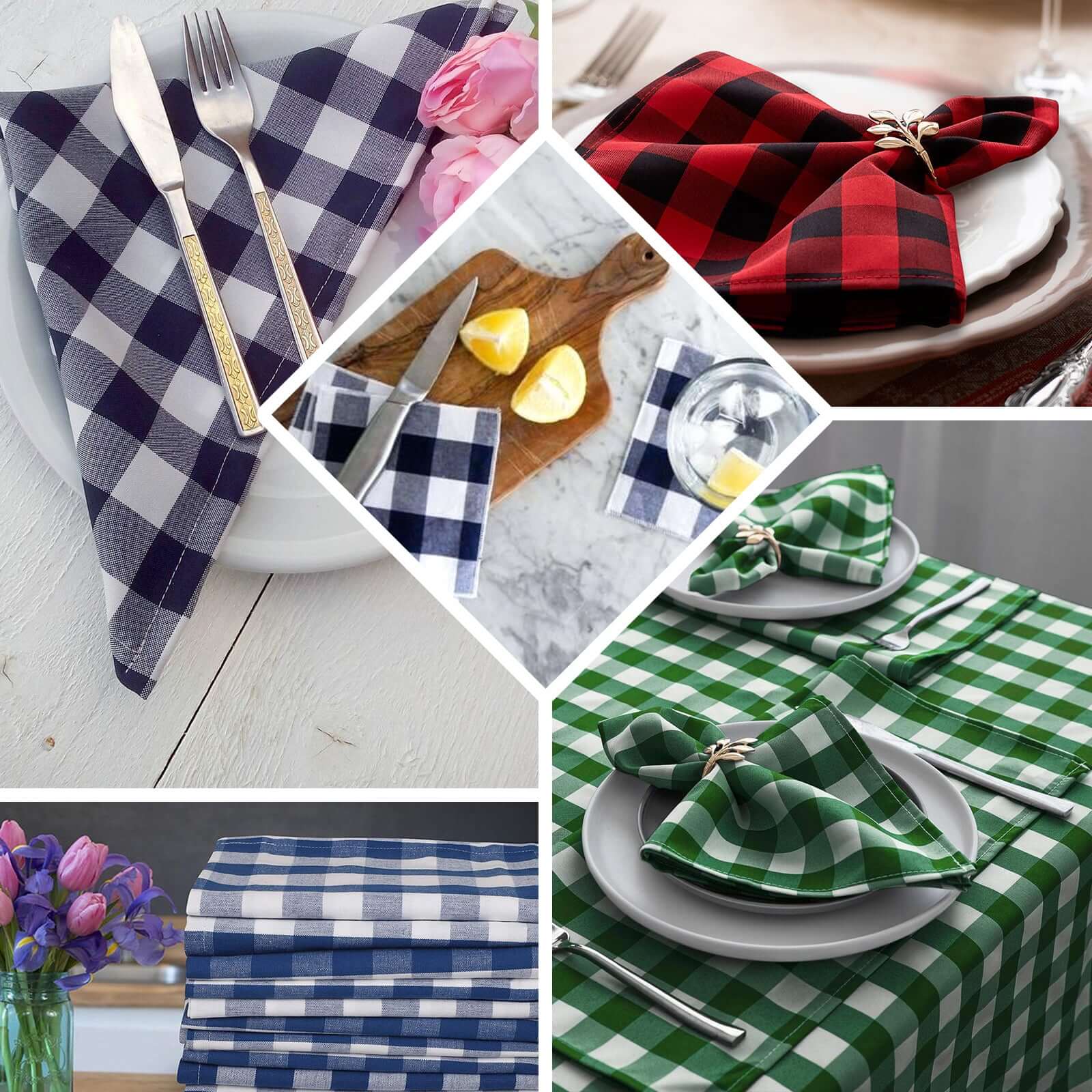 5 Pack Polyester 15"x15" Napkins Blue/White Buffalo Plaid Gingham Style Cloth Napkins