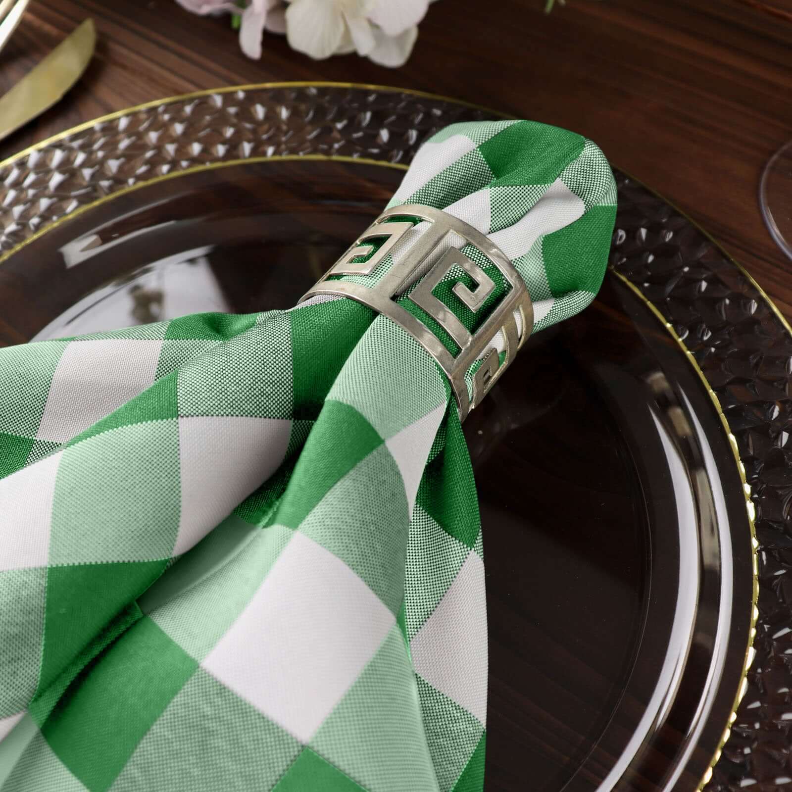 5 Pack Polyester 15"x15" Napkins Green/White Buffalo Plaid Gingham Style Cloth Napkins