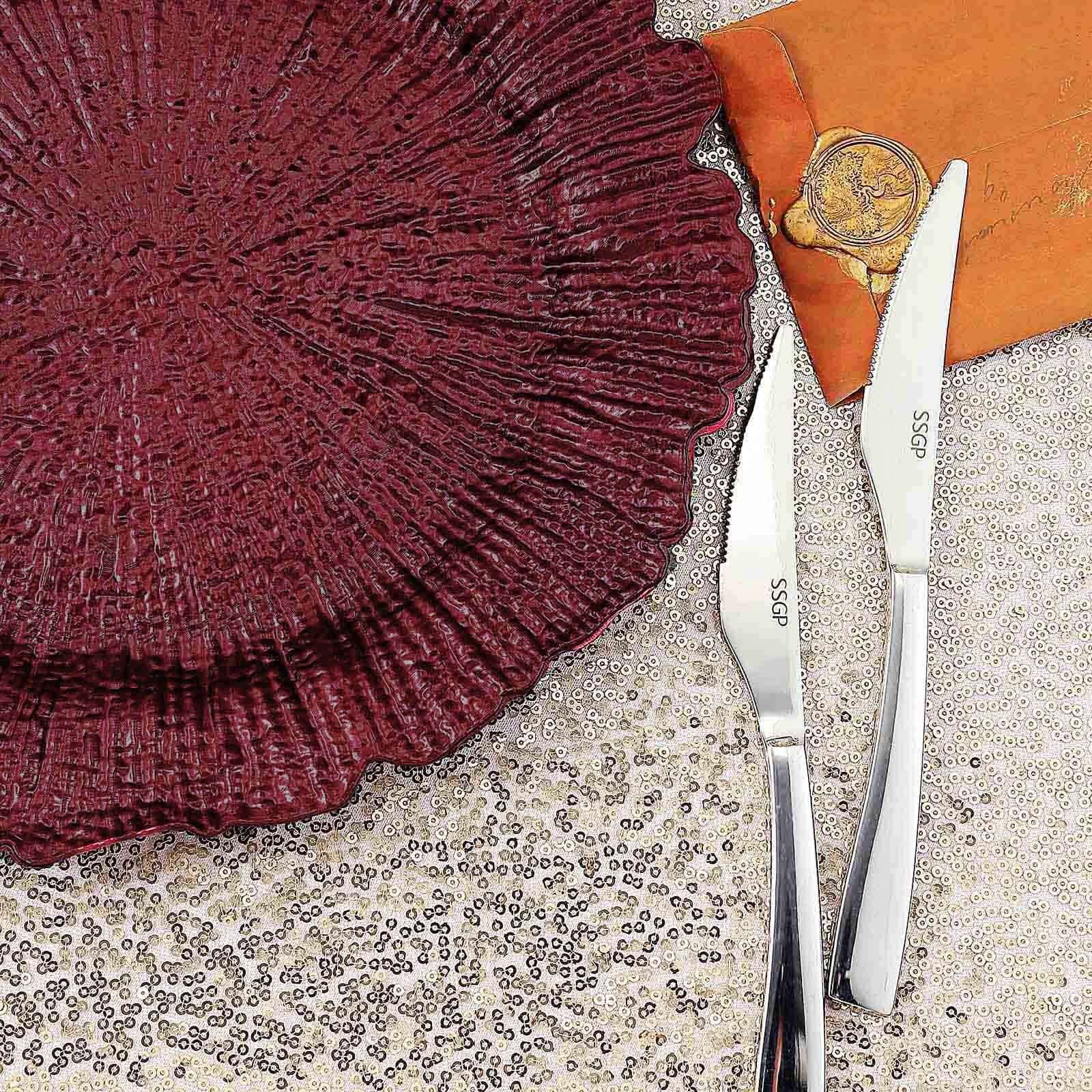 6-Pack Acrylic Plastic Round Charger Plates 13" in Burgundy with Reef Design, Dinner Charger Tableware