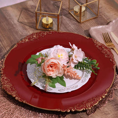 6-Pack Acrylic Round Charger Plates 13" in Burgundy with Gold Embossed Baroque Rim, Antique Decorative Dinner Party Charger Tableware