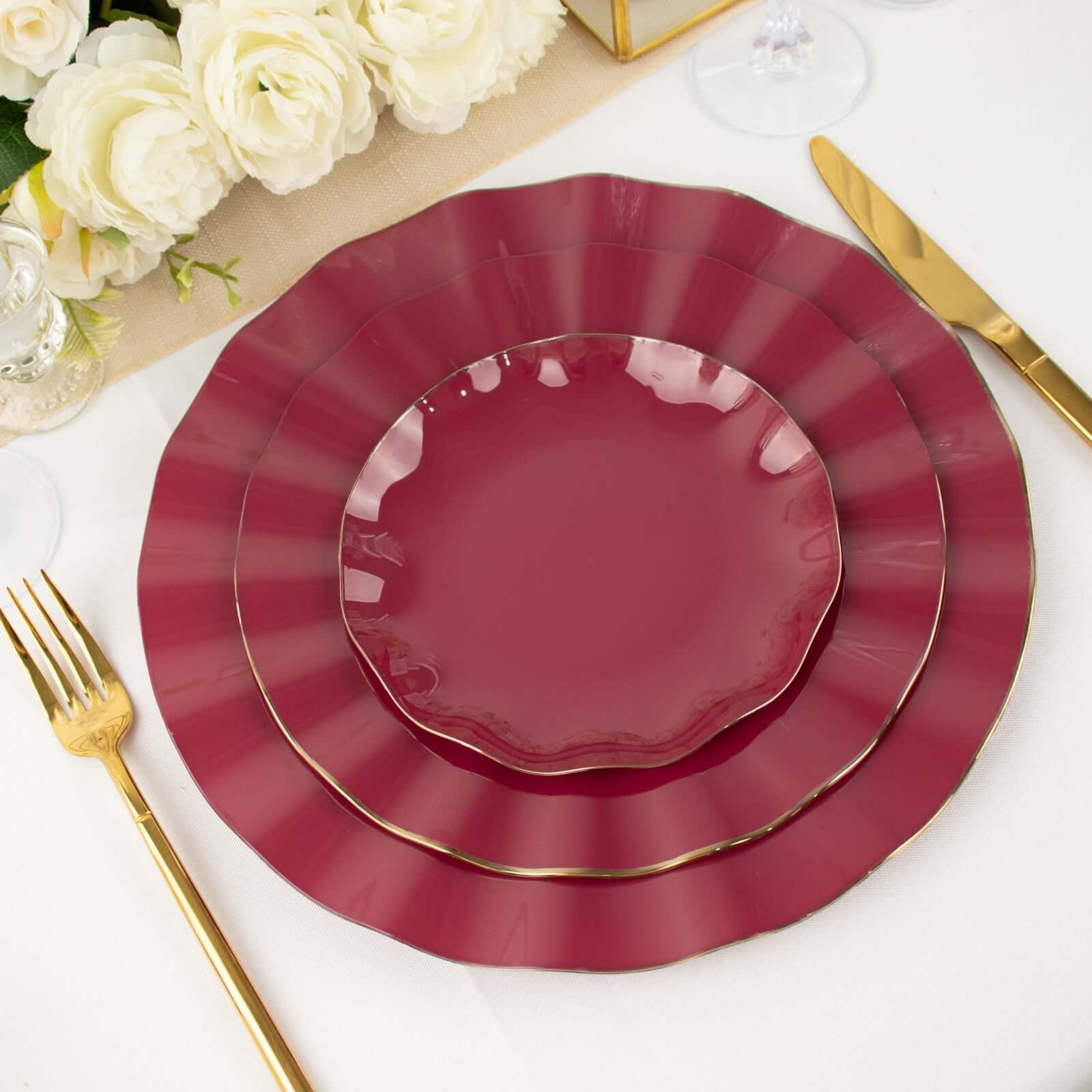 10-Pack Plastic Round 6" Dessert Plates in Burgundy Ruffled Rim with Gold Edging - Sturdy Disposable Salad Appetizer Dinnerware