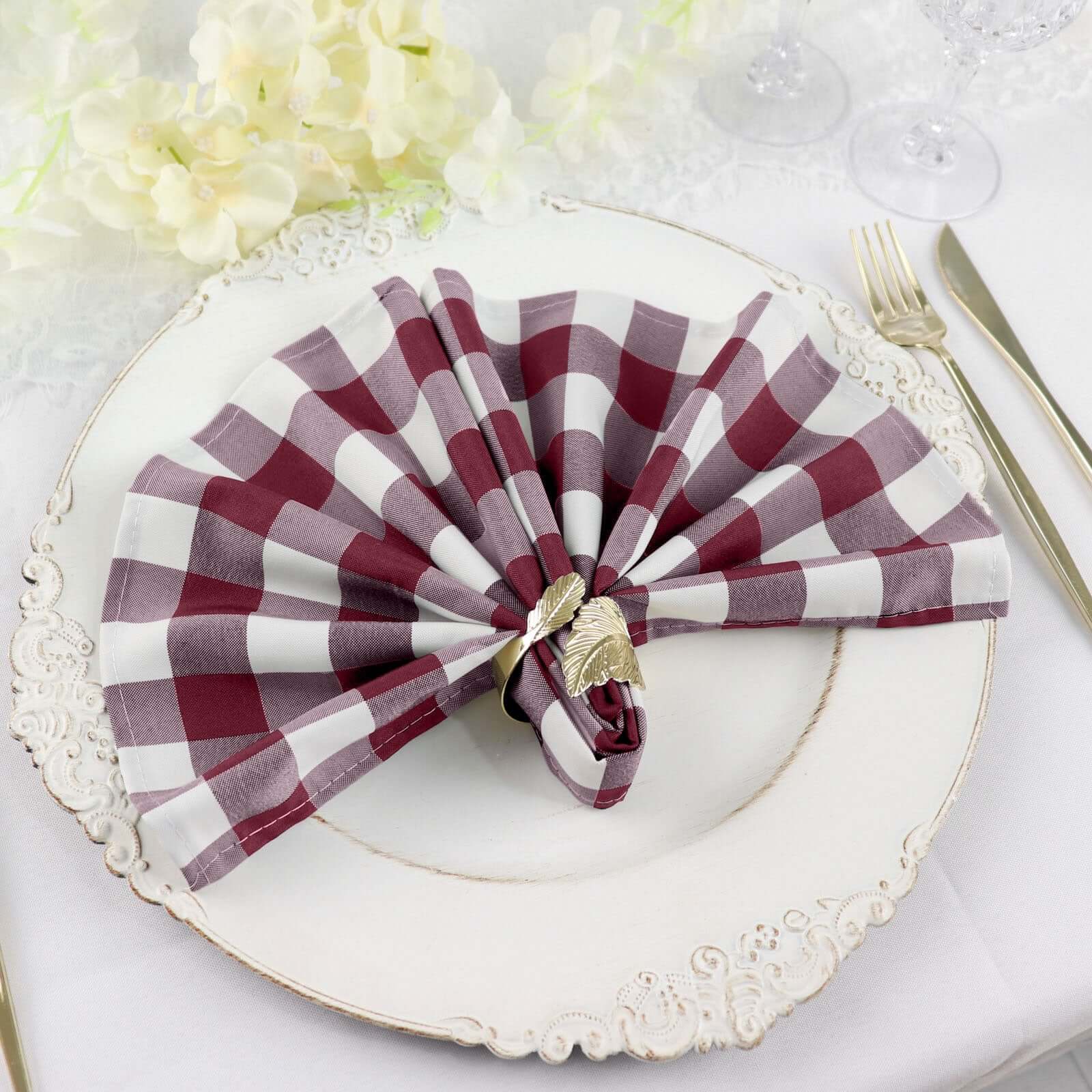 5 Pack Polyester 15"x15" Napkins Burgundy/White Buffalo Plaid Gingham Style Cloth Napkins