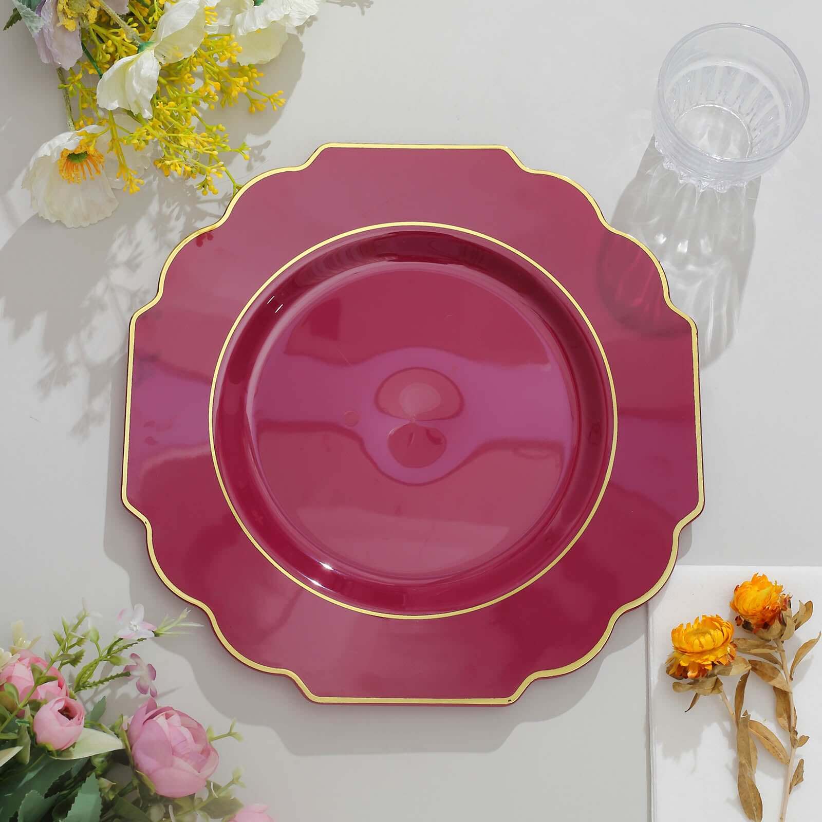 10-Pack Plastic Dessert Appetizer Plates in Burgundy Baroque Design with Scalloped Gold Rim - Heavy Duty Disposable Salad Plates 8"