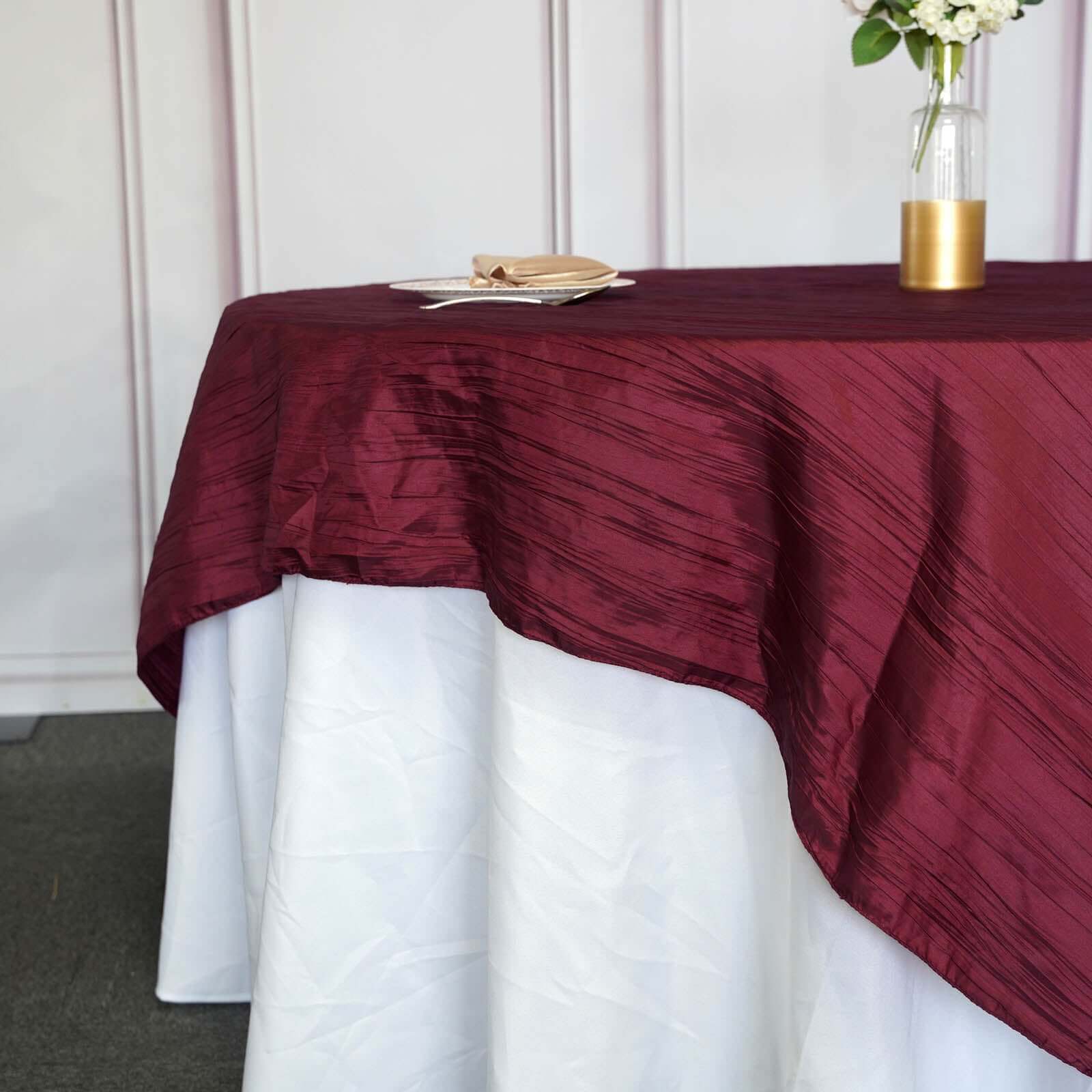 Taffeta 90"x90" Table Overlay Square Tablecloth Burgundy - Accordion Crinkle Table Cover