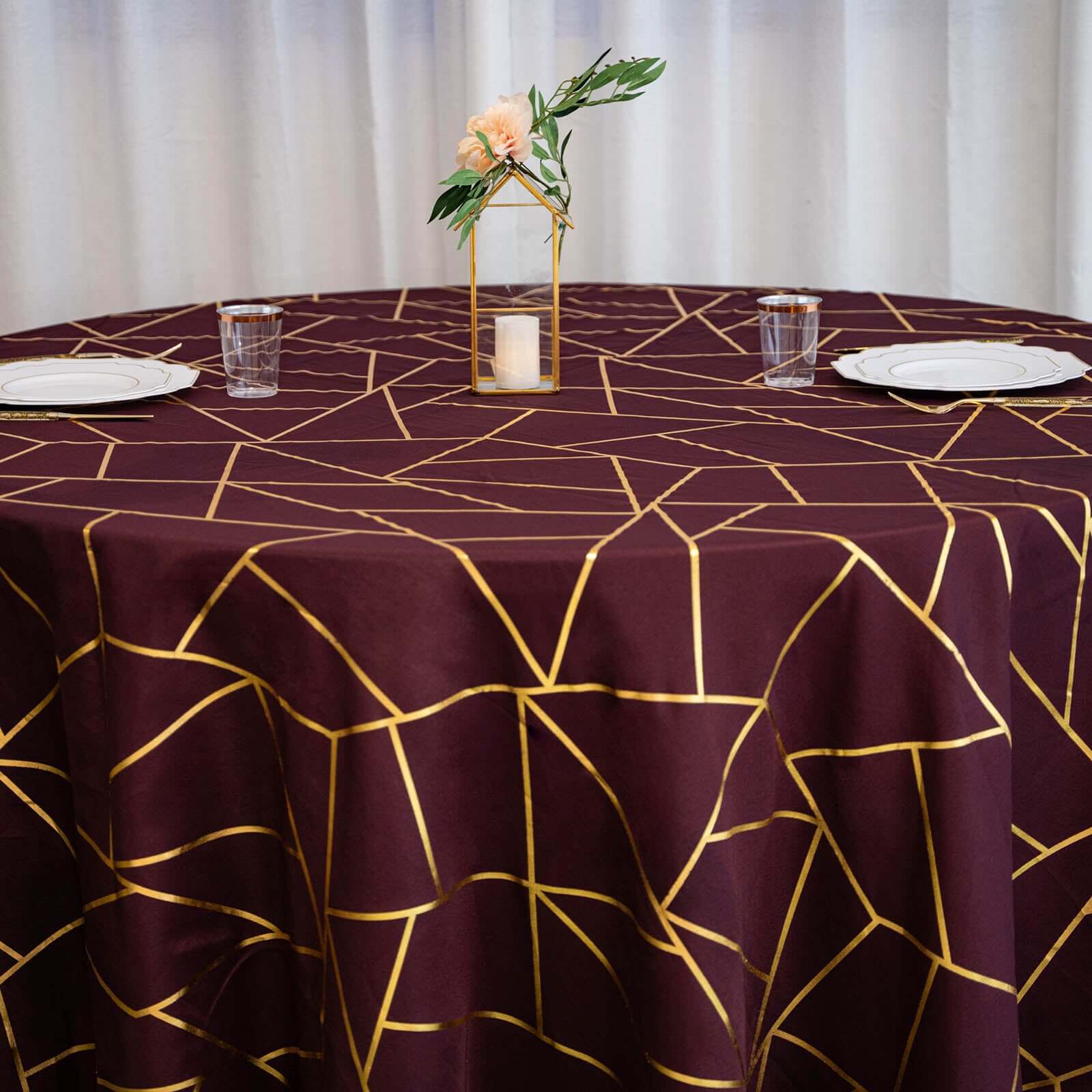 120" Burgundy Seamless Round Polyester Tablecloth With Gold Foil Geometric Pattern for 5 Foot Table With Floor-Length Drop