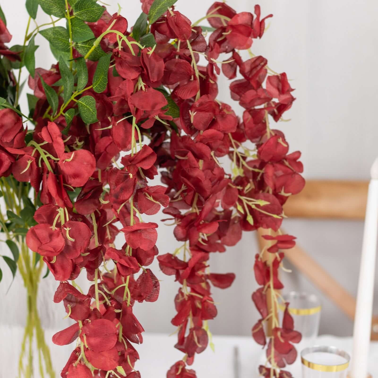 5 Pack 44" Silk Hanging Wisteria Flower Garland Vines in Burgundy, 3 Strands in 1 Bush