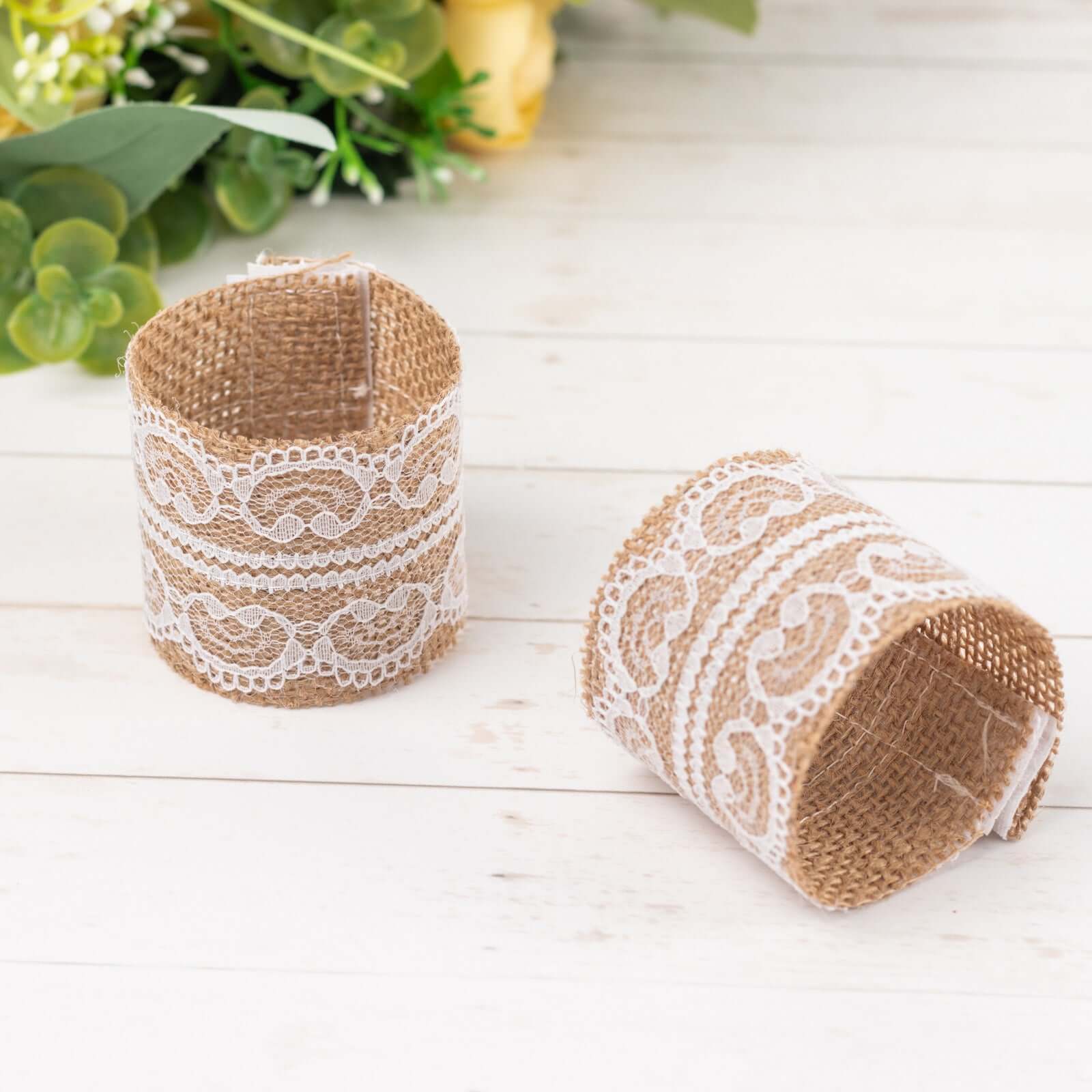 6 Pack Rustic Boho Chic Burlap and Lace Napkin Rings, Farmhouse Style Jute Serviette Buckles Holder