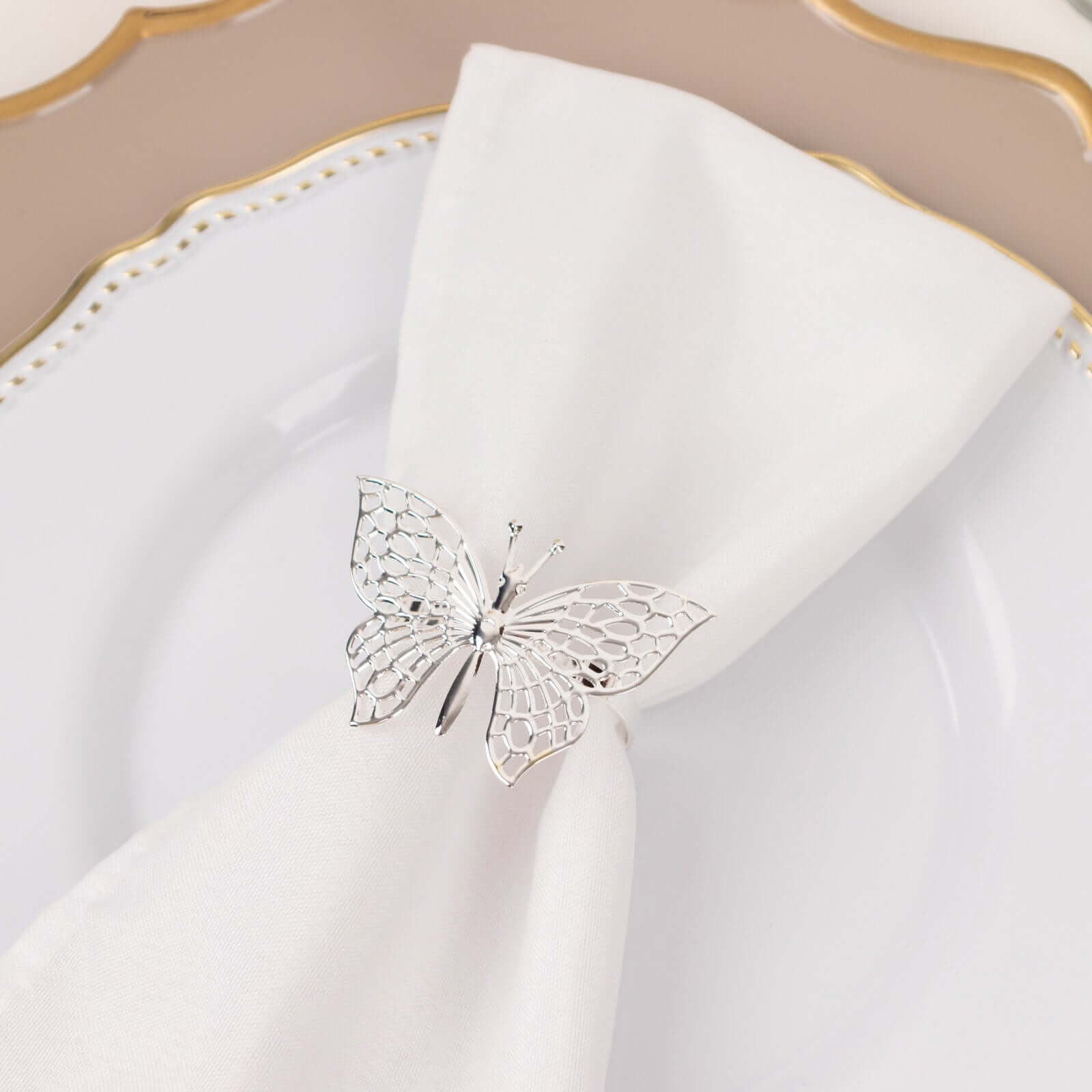 4 Pack Silver Metal Butterfly Napkin Rings, Decorative Laser Cut Cloth Napkin Holders