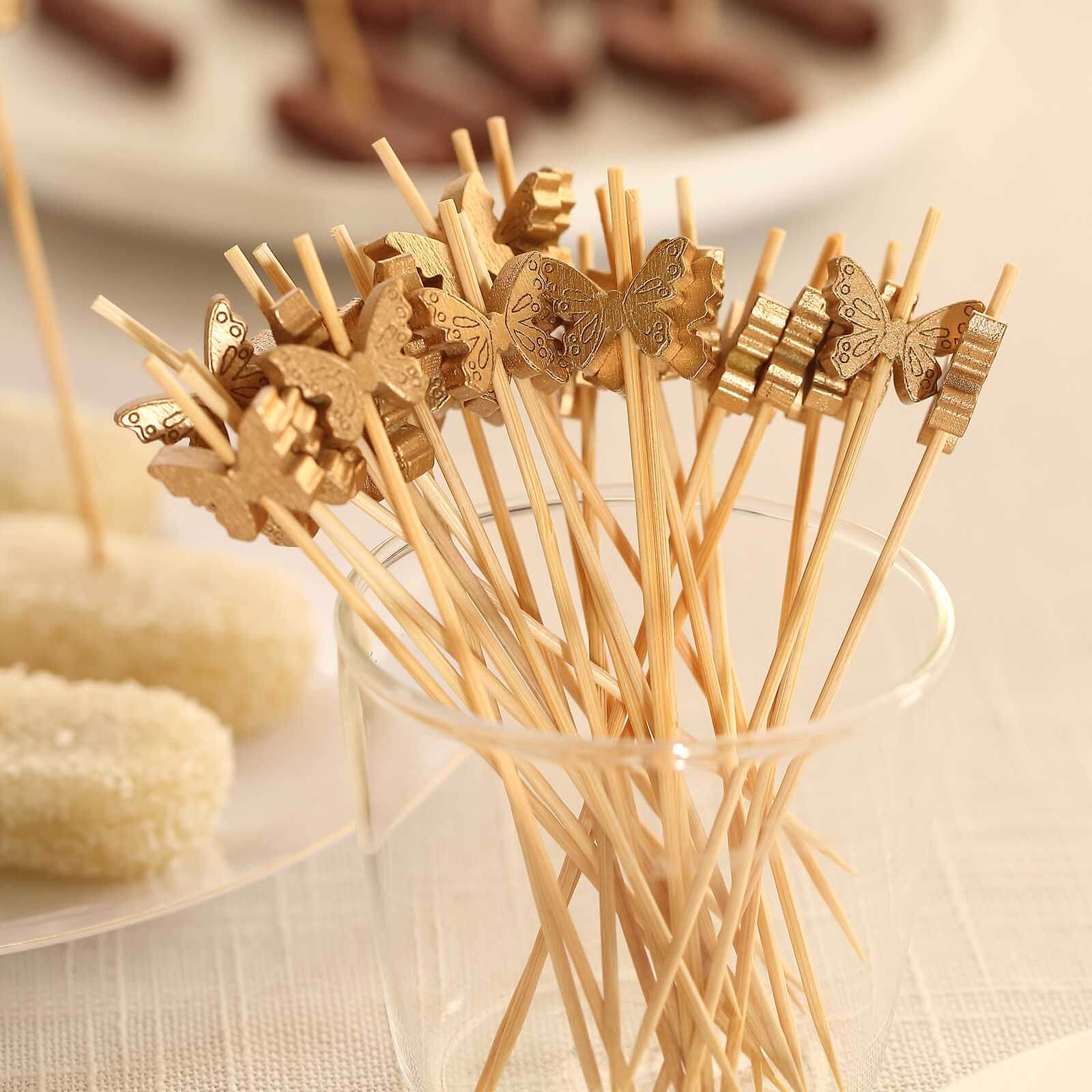 100-Pack Bamboo Cocktail Sticks Butterfly Design Eco Friendly Natural - Biodegradable Party Picks 5"