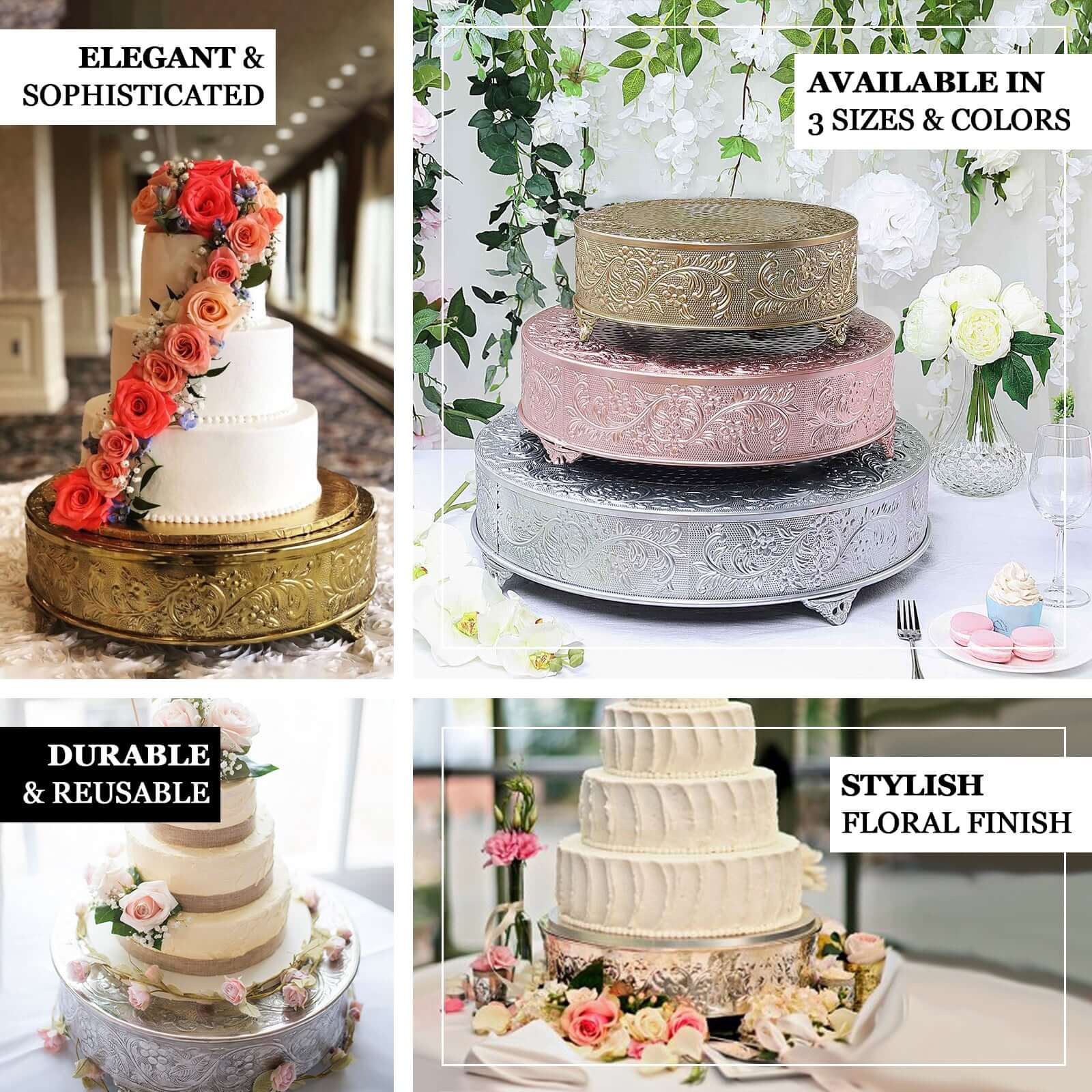 Metal 22" Round Cake Pedestal Stand Matte Silver - Cupcake Dessert Display Riser with Intricate Embossed Design for Upscale Events & Gatherings