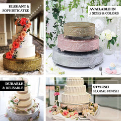 Metal 22" Round Cake Pedestal Stand Matte Silver - Cupcake Dessert Display Riser with Intricate Embossed Design for Upscale Events & Gatherings